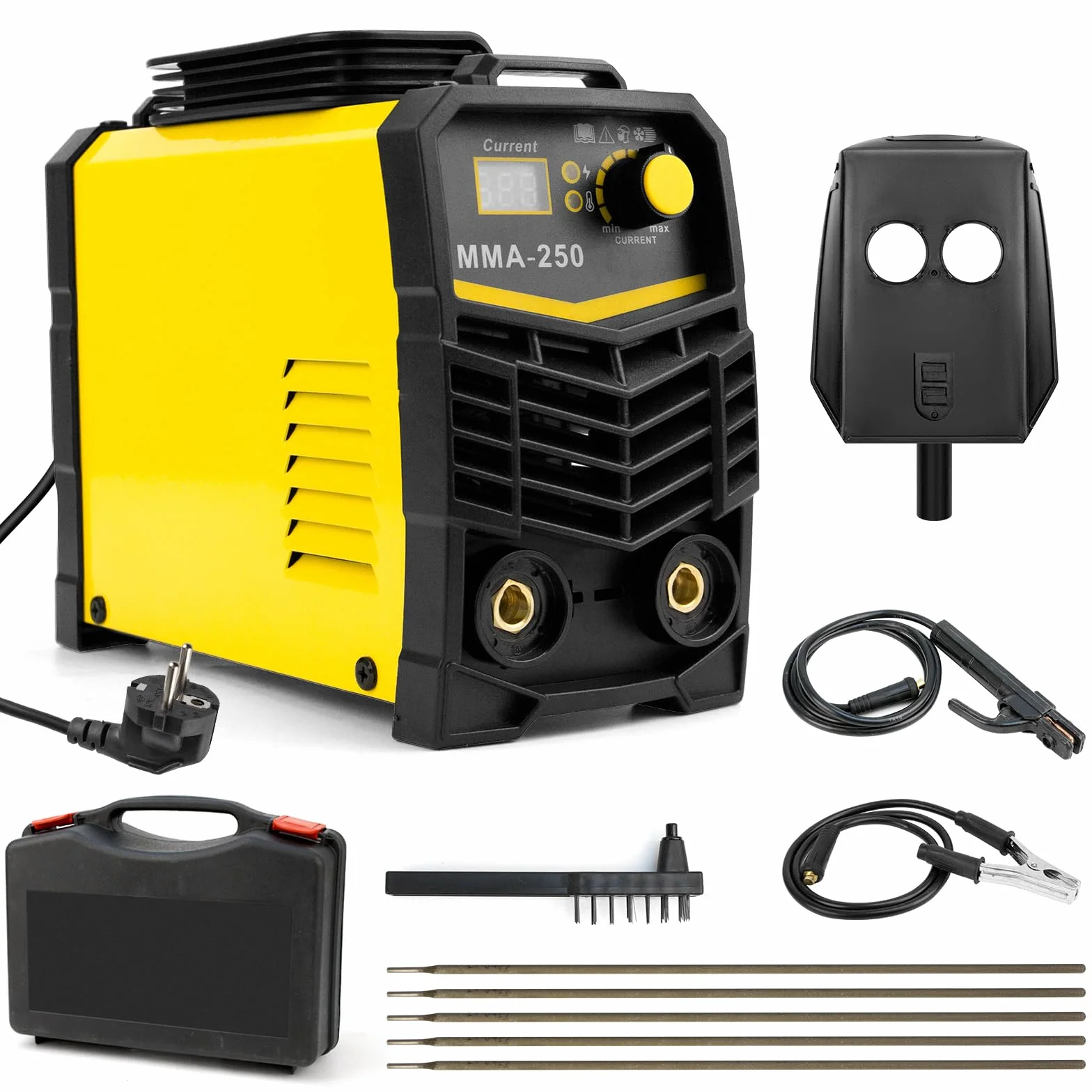 Soldador Inverter 250A, MMA Maquina de Soldar, Pantalla Digital LCD Portátil Soldador Electrodo 230 V, Maquina Soldar ARC IGBT Soldador, Hot Start, Anti-Stick, Arc Force con casco de soldadura