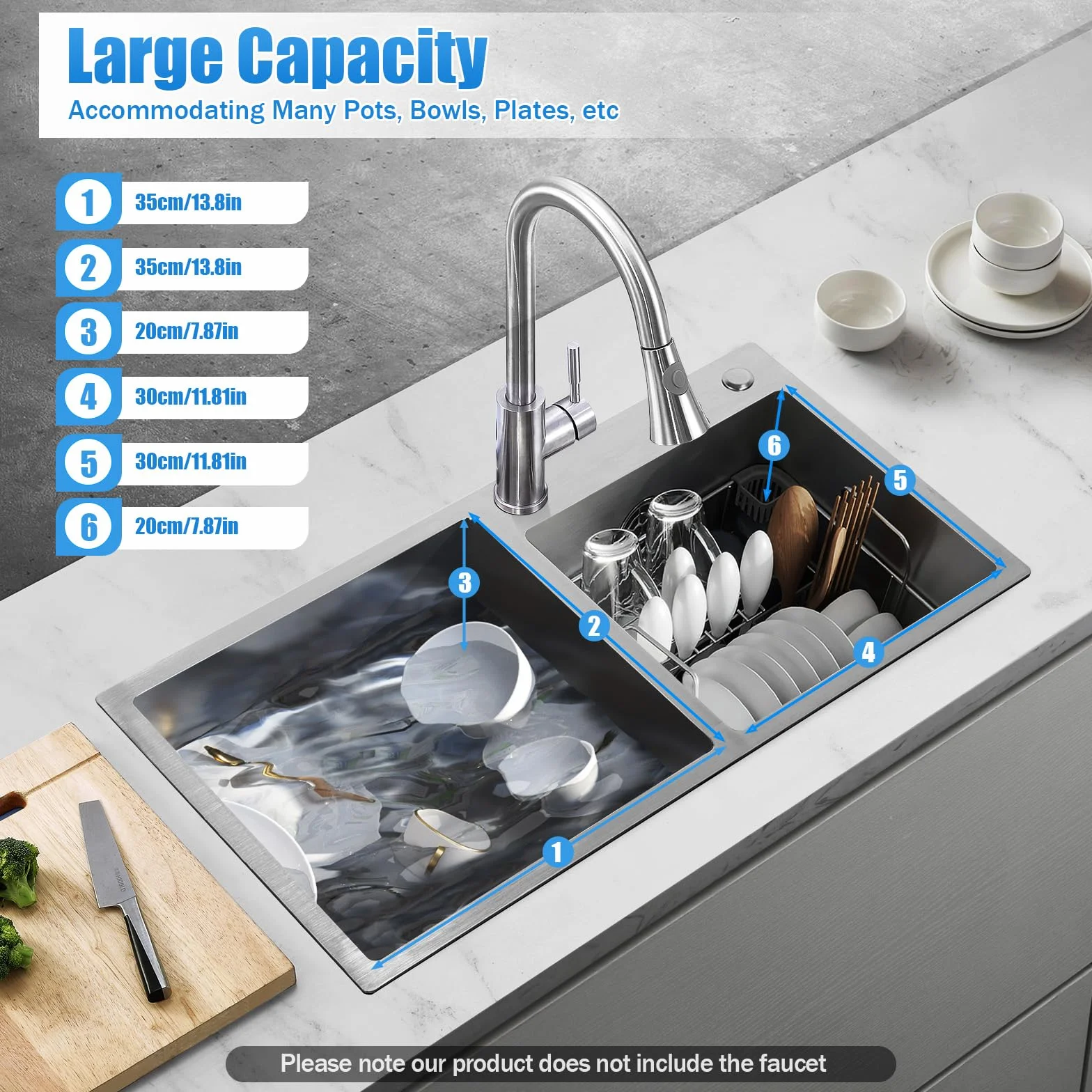 Fregadero de cocina doble de acero inoxidable cepillado con escurridor, fregadero doble, 78 x 43 x 21 cm