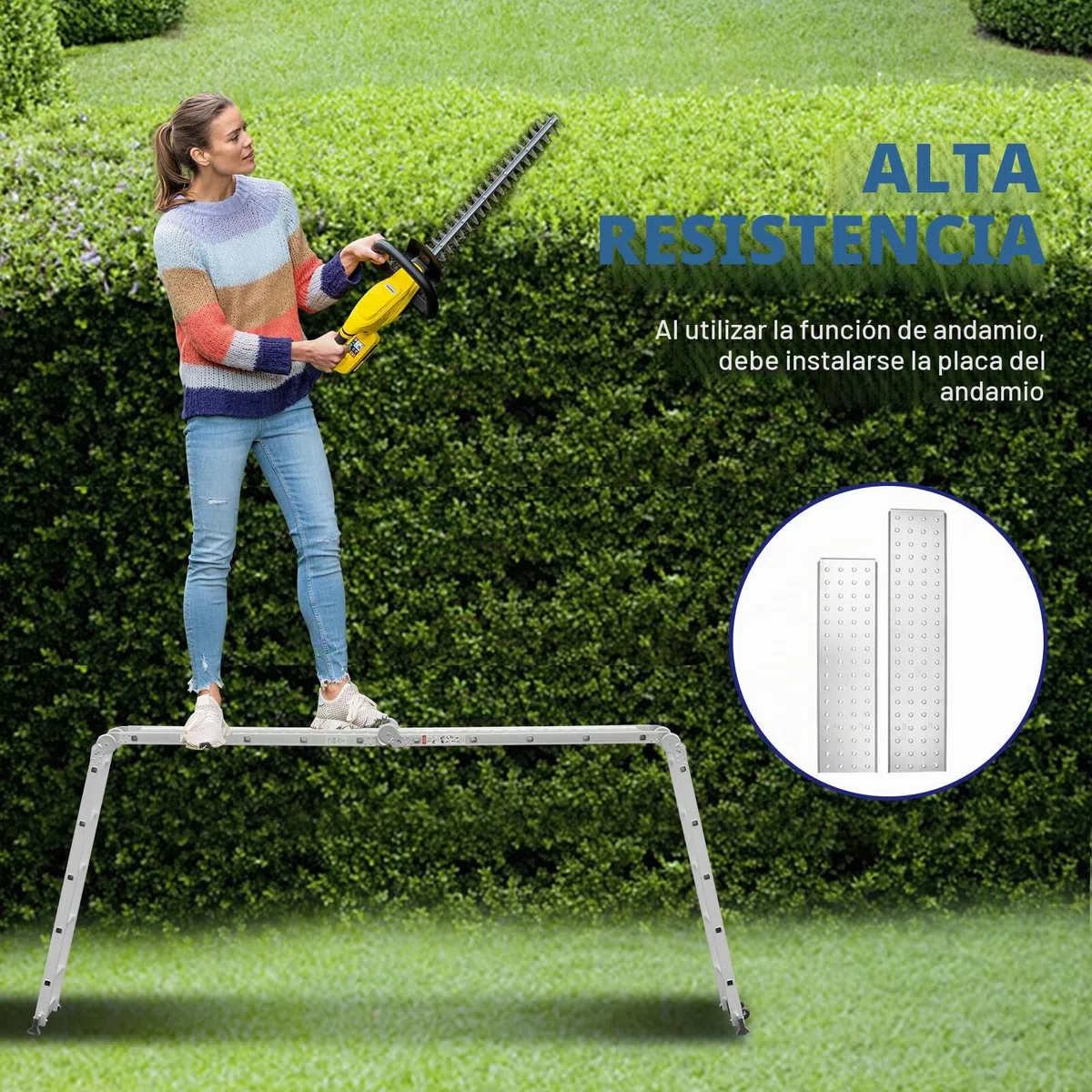 TEENO Escalera Multiusos 7 en 1, 4x5 Escalones 5.82 M de Aluminio, Escalera multifunción con 2 Plataformas y 2 Ruedas Rimovibili, 20 Peldaños, Carga Máxima de 150 kg, para Pintar, Techos, Jardín