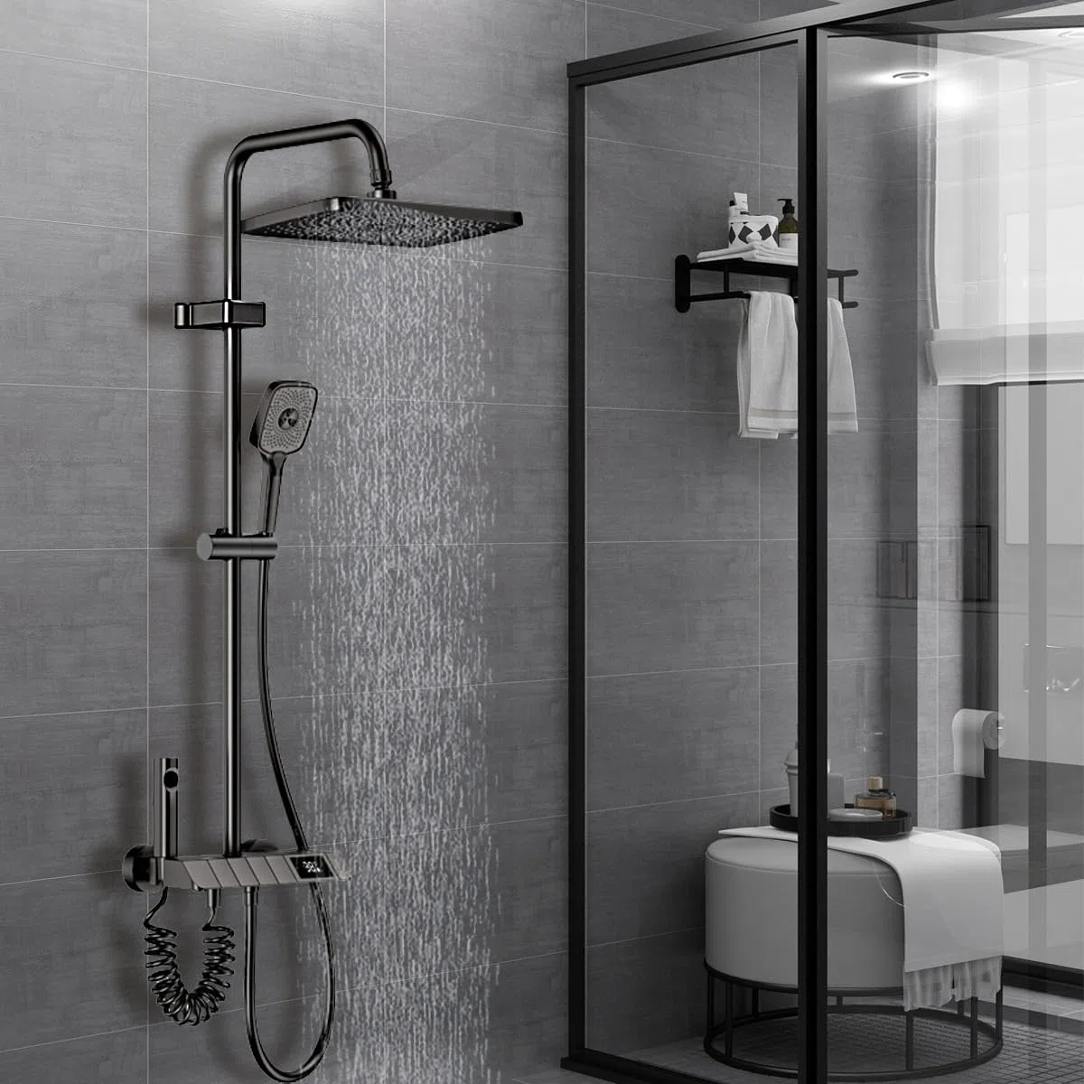 Columna de Ducha con Grifo, diseño de llave de piano, 30x20cm Cabezal de Ducha de Lluvia, Pantalla Digital LED, Altura Ajustable, Multifuncional para el Confort del Baño