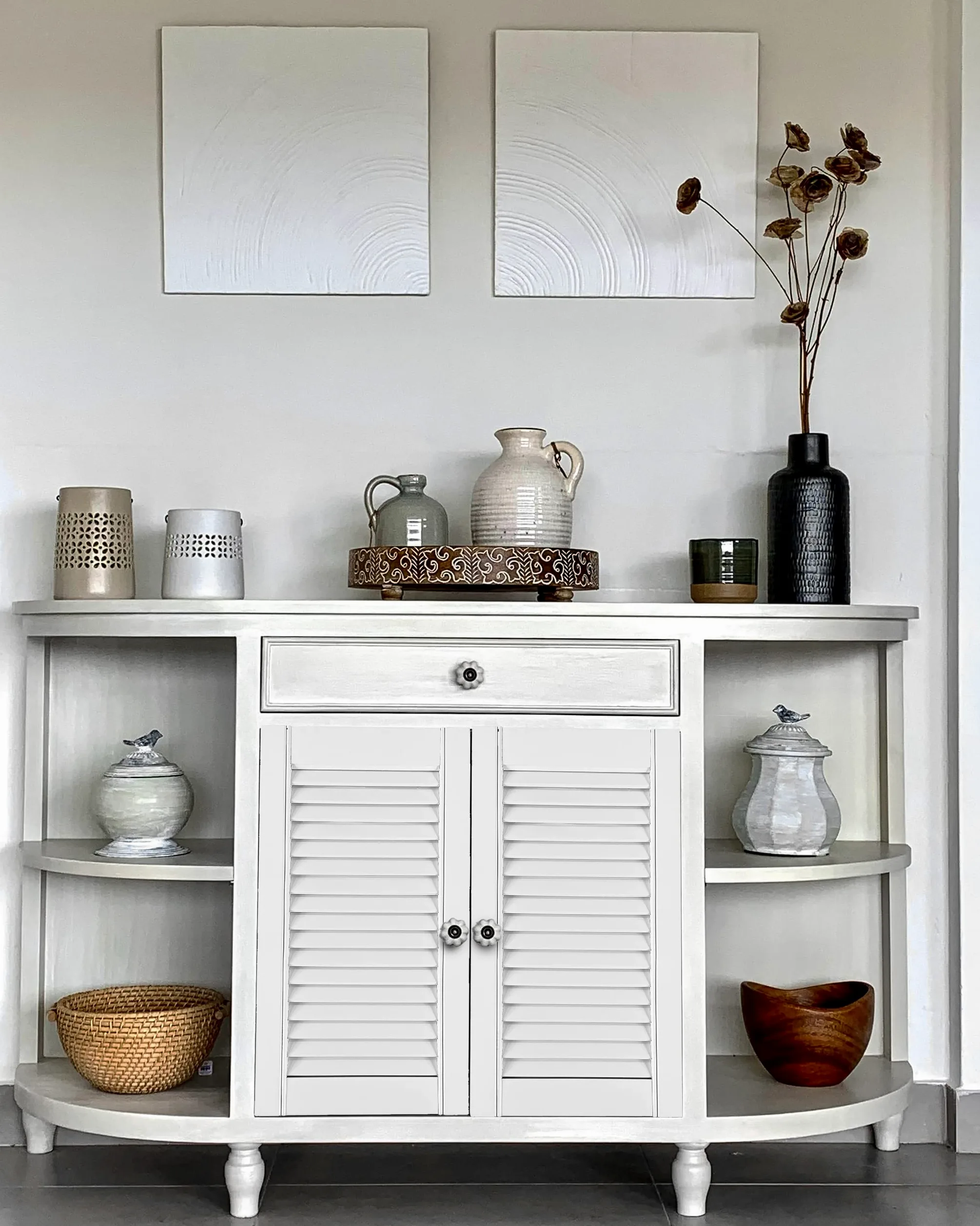 DecoMeister Puerta de Celosia Tipo Persiana Blanca con Marco de Madera Maciza de Pino Frente de Mueble Imprimado con Lamas Listones Abiertos de Dimensiones 494x1700 mm Juego de Dos Piezas