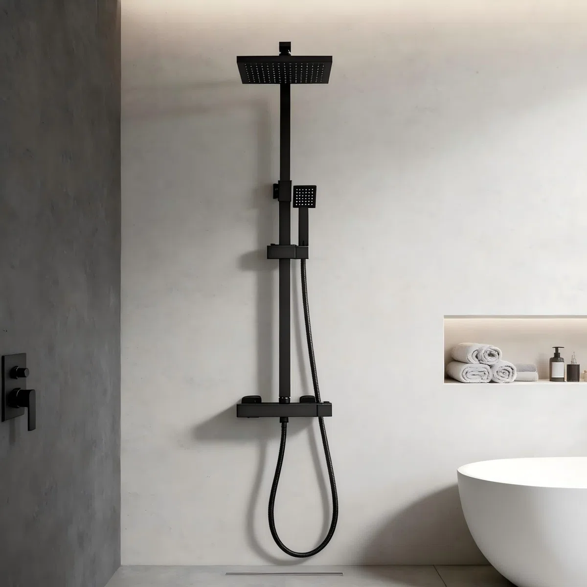 STANEW - Columna de Ducha Termostática, Conjunto de Ducha, Cuarto de Baño, Columna de Ducha, Termostato con Mezclador Ajustable en Altura, Sistema de Ducha (Negro)