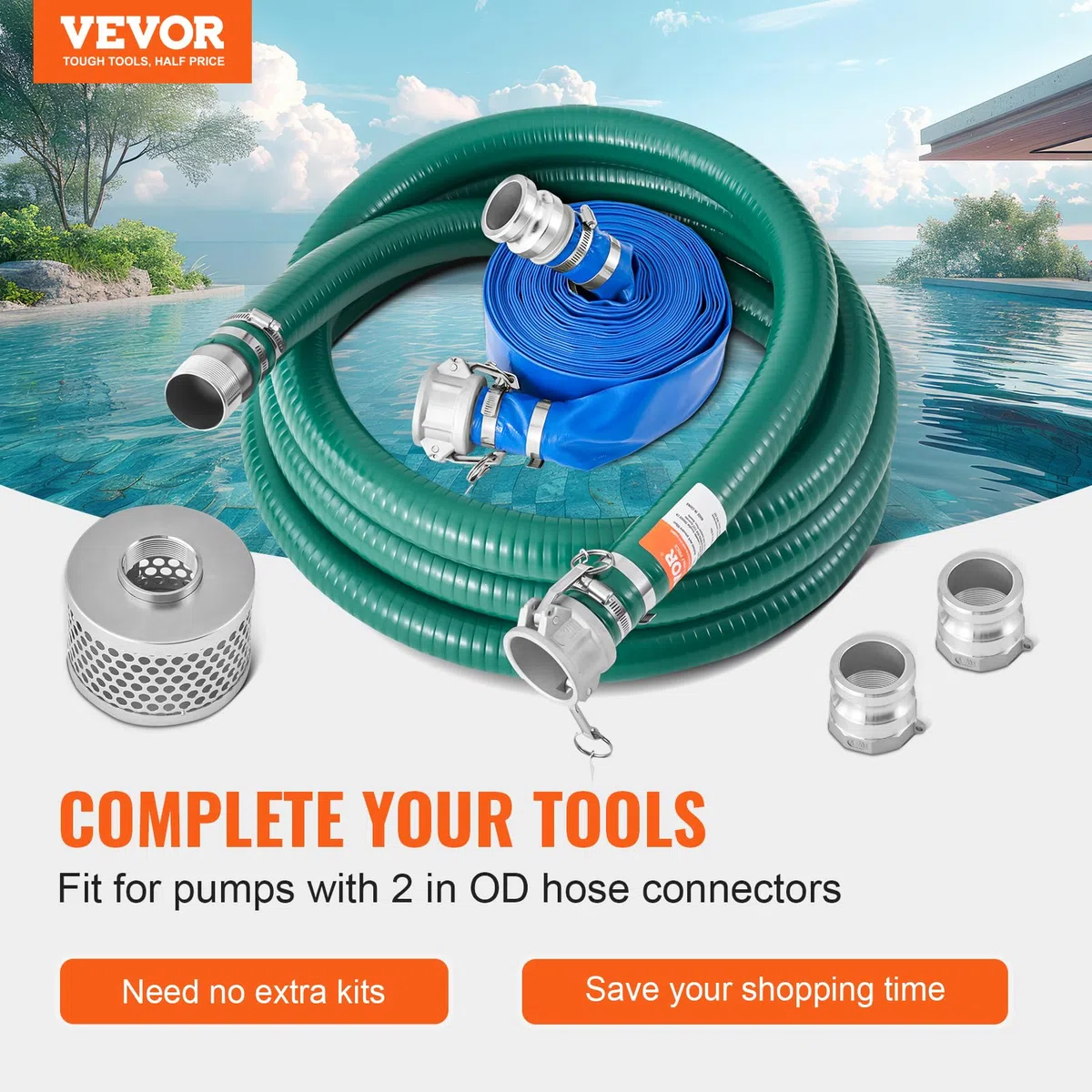 VEVOR Kit de Manguera de Succión para Bomba con Manguera de Retrolavado Azul de 50,8mmx19,81m, Manguera de Succión Verde de 6,1 m y Filtro de Orificio Redondo de Acero, Levas, Abrazaderas, Adaptador