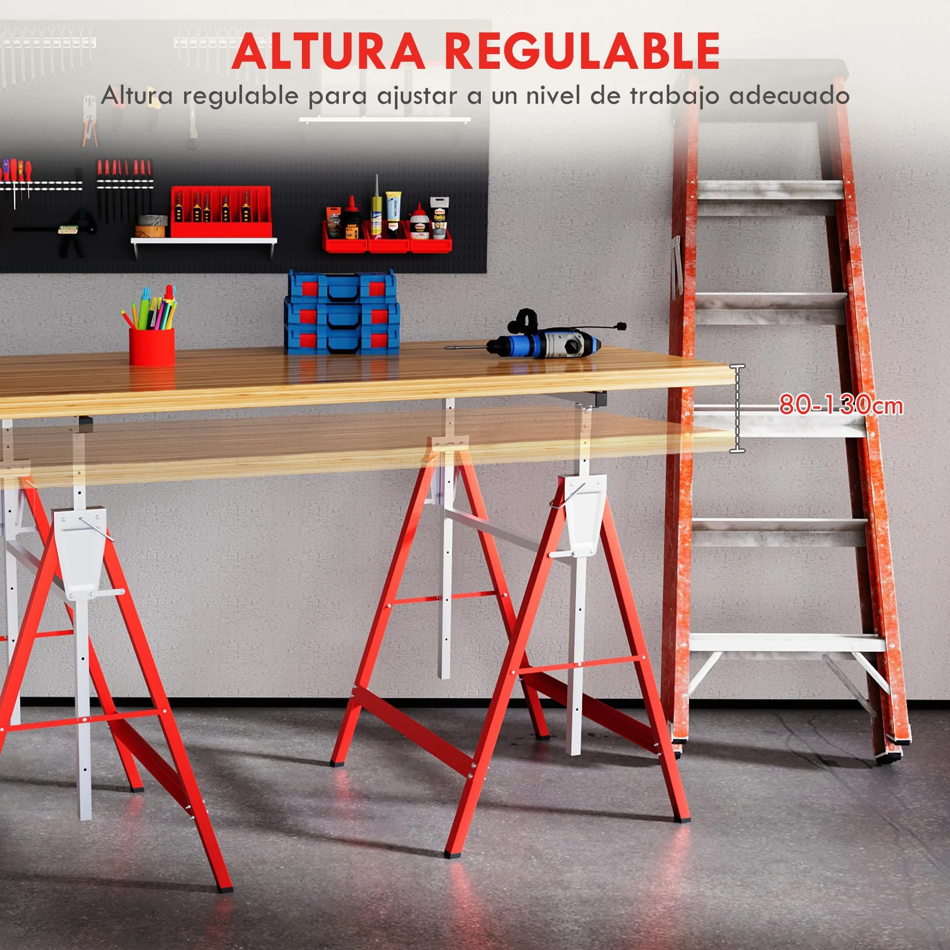 HOMCOM Set de 2 Caballetes Telescópicos Plegables con Altura Ajustable Caballetes de Sierra de Acero para Mesa y Trabajo de Bricolaje Carga 200 kg 68x58x80-130 cm Rojo