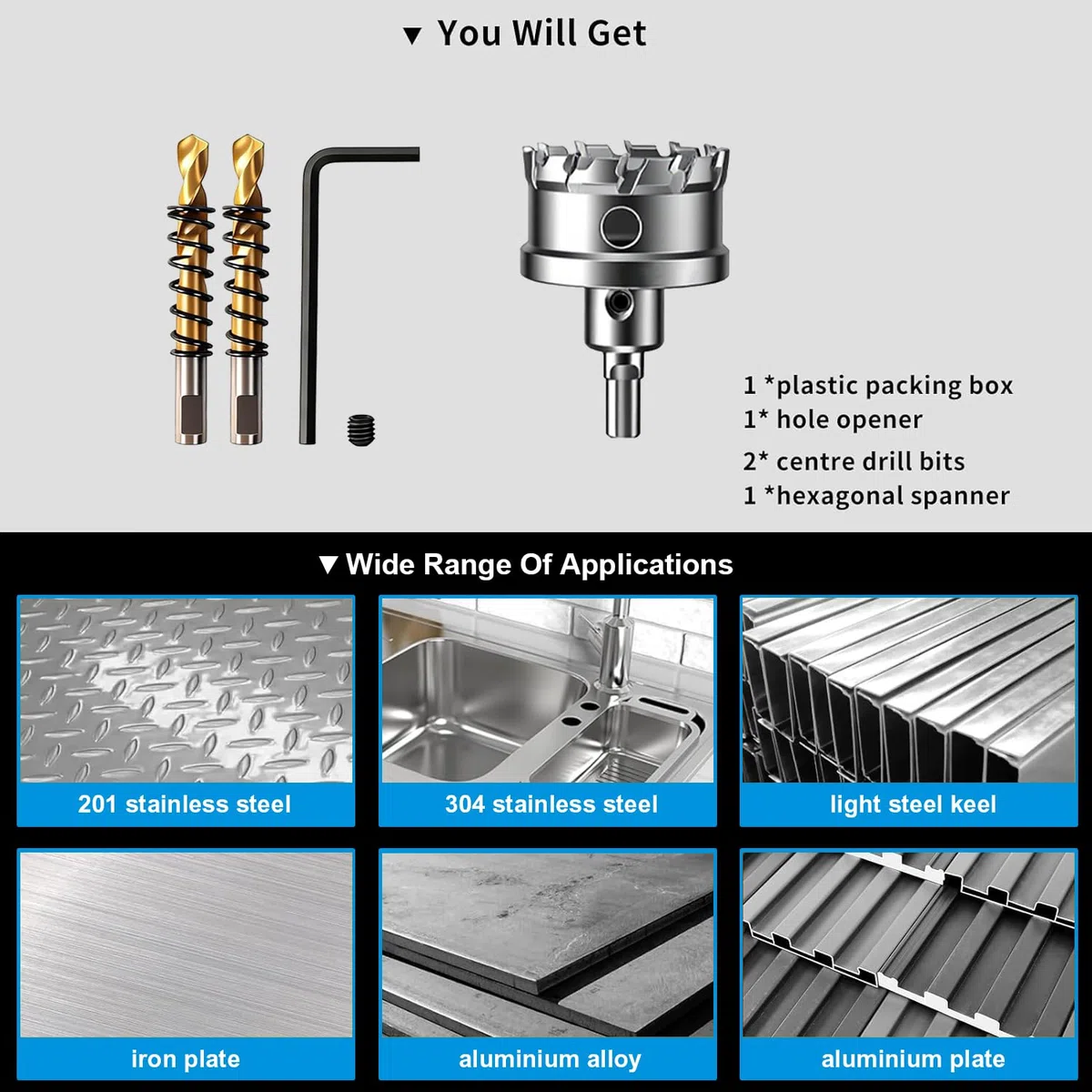 Kit Sierra Perforadora TCT 5 Piezas 16-45mm para Metal | 3 brocas piloto, 2 llaves hexagonales, maletín, dientes de carburo, acero inoxidable hierro aluminio chapa tubo