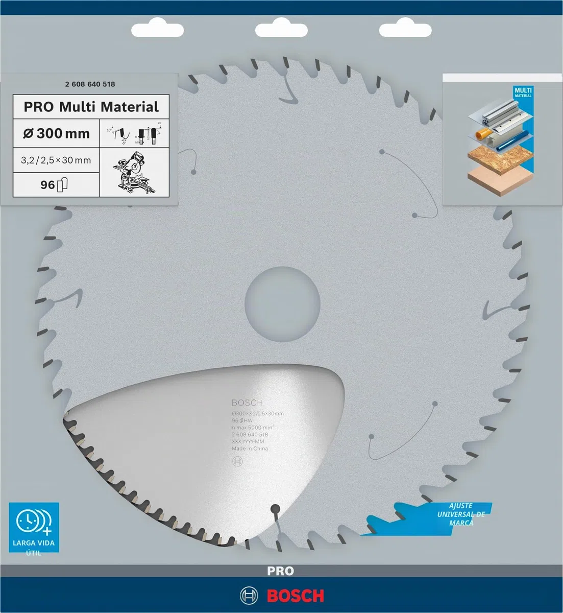 Bosch Professional 2 608 640 518 - Disco de sierra circular Multi Material, 96 de dientes, 300 x 30 x 3.2 mm, 1 unidad
