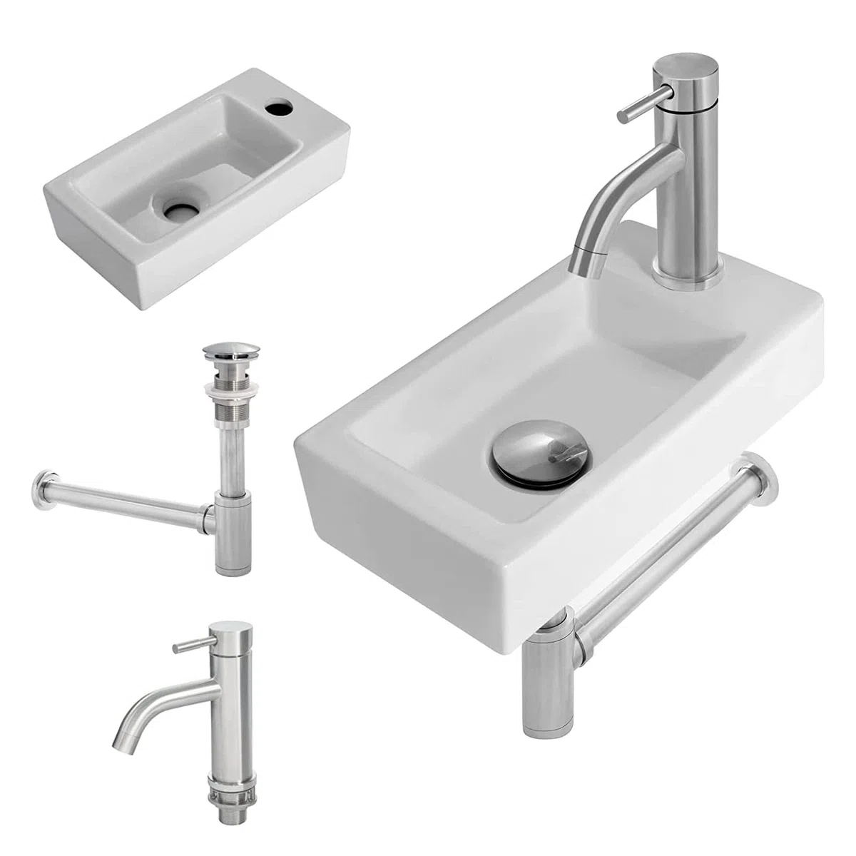 OUUTMEE Lavabo de pared, para diestros, 370 x 185 x 90 mm, lavabo pequeño sobre encimera, lavabo de pared o sobre encimera, inodoro de invitados, blanco, juego
