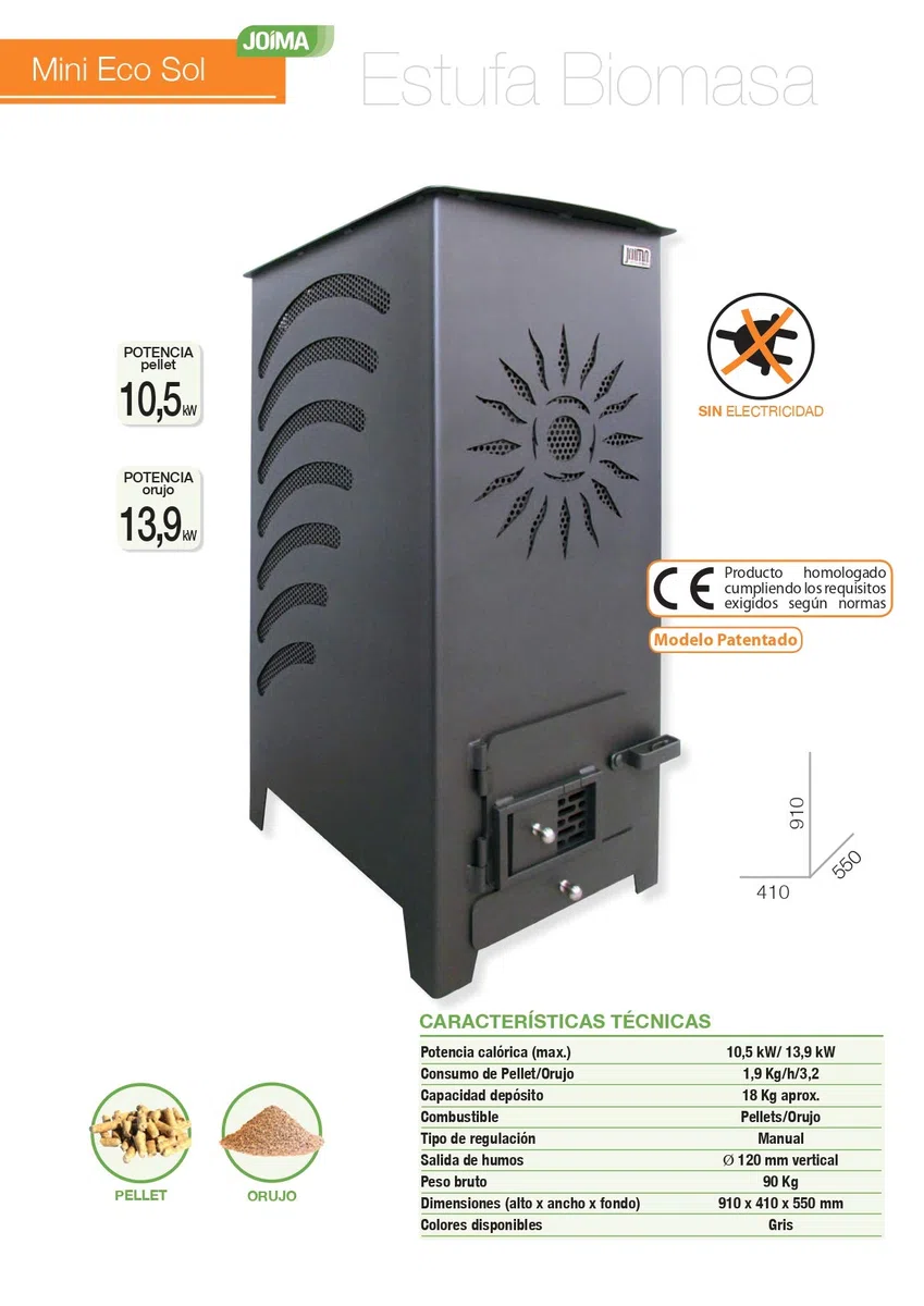 JOIMA - Estufa Biomasa sin Electricidad Modelo Mini Eco Sol (Pellets-Orujo). Funciona sin Luz. Estufa de Orujillo (Hueso de Aceituna). Estufa de Pellets