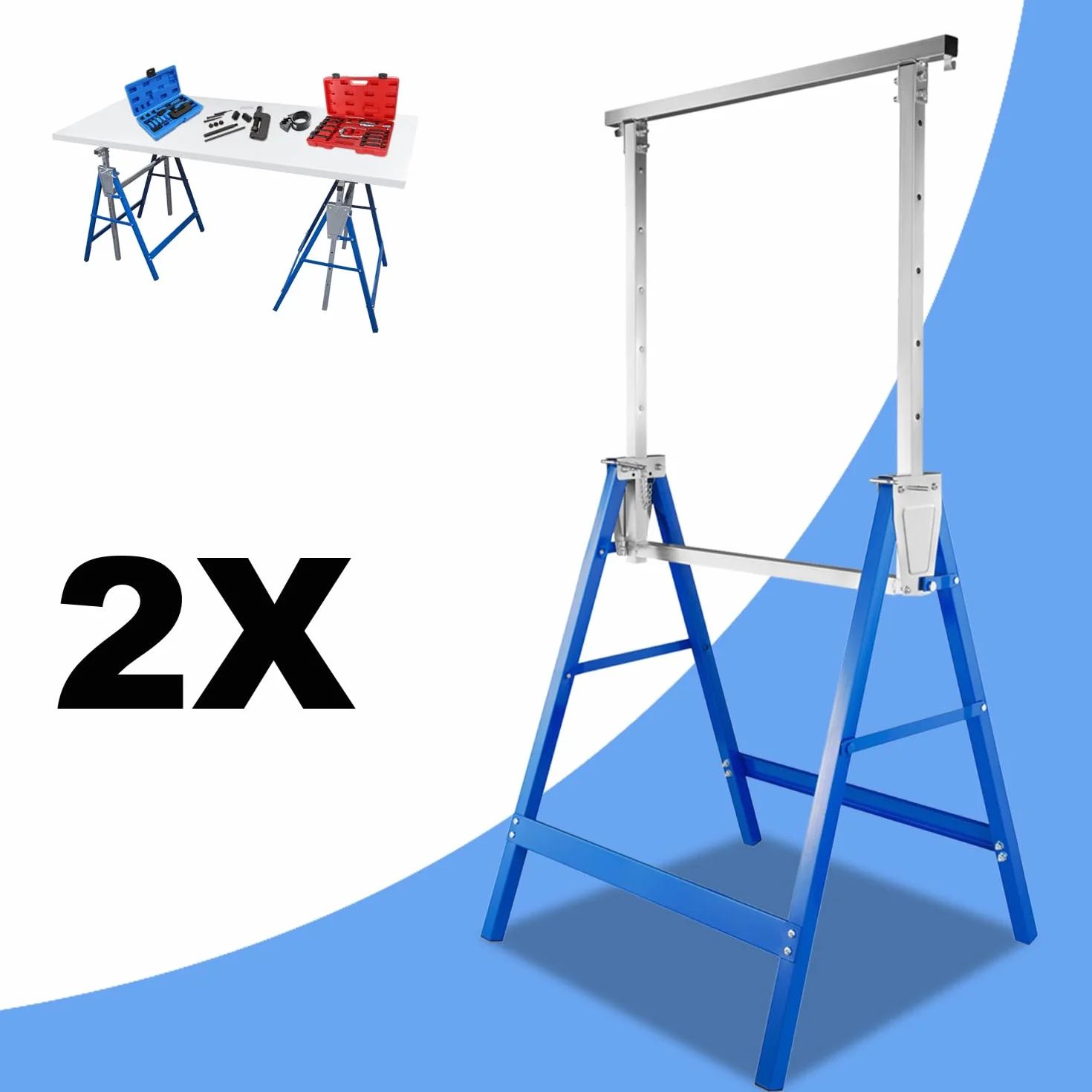 2 x Andamios de 200 kg de carga, caballete plegable de metal, altura de trabajo variable de 800 - 1300 mm, altura regulable,Blanco