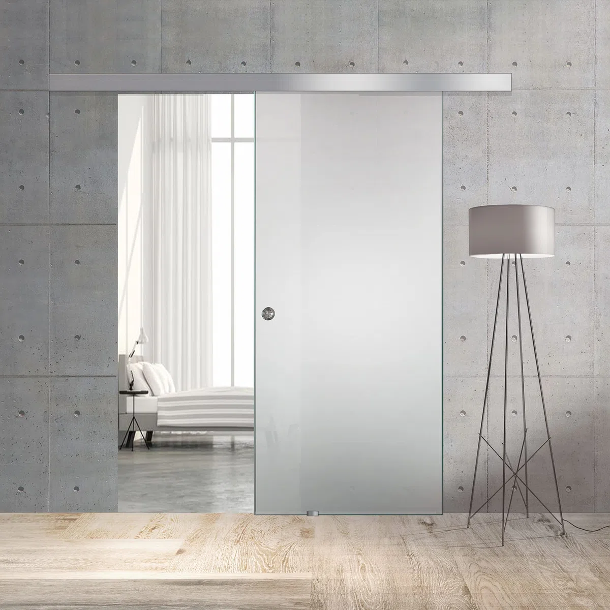 BOSS Puerta corredera del vidrio 60x215 cm (60/80/90 cm) Vidrio Satinado de 8 mm, kit completo de herrajes (60x215 cm, DERECHA)