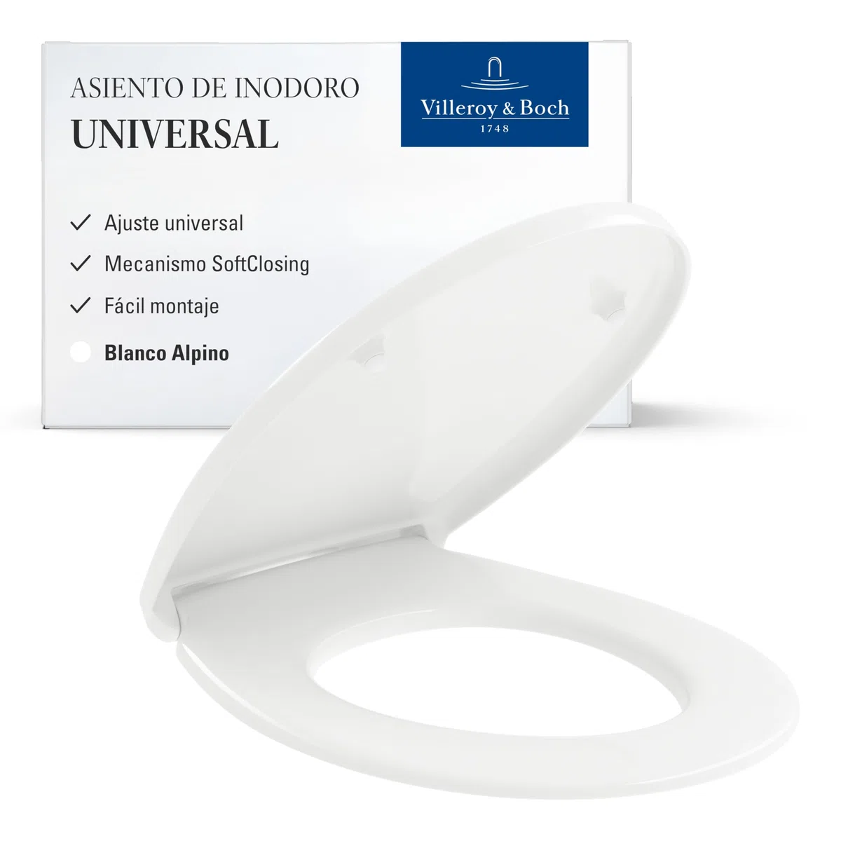 Villeroy & Boch Asiento de inodoro universal ovalado – Tapa blanca brillante con cierre suave – Duroplast resistente y desmontable – Tapa de WC en forma ovalada – Recambio original