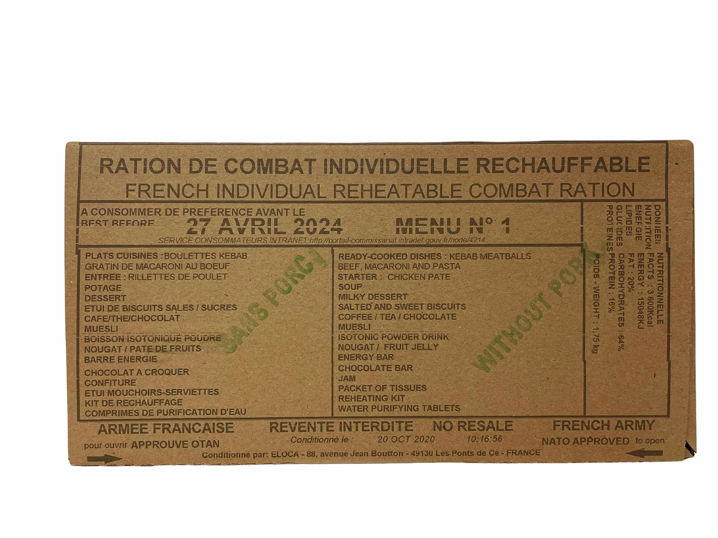 Ejército Militar Francés 24h Ration Pack MRE (Menú 1)
