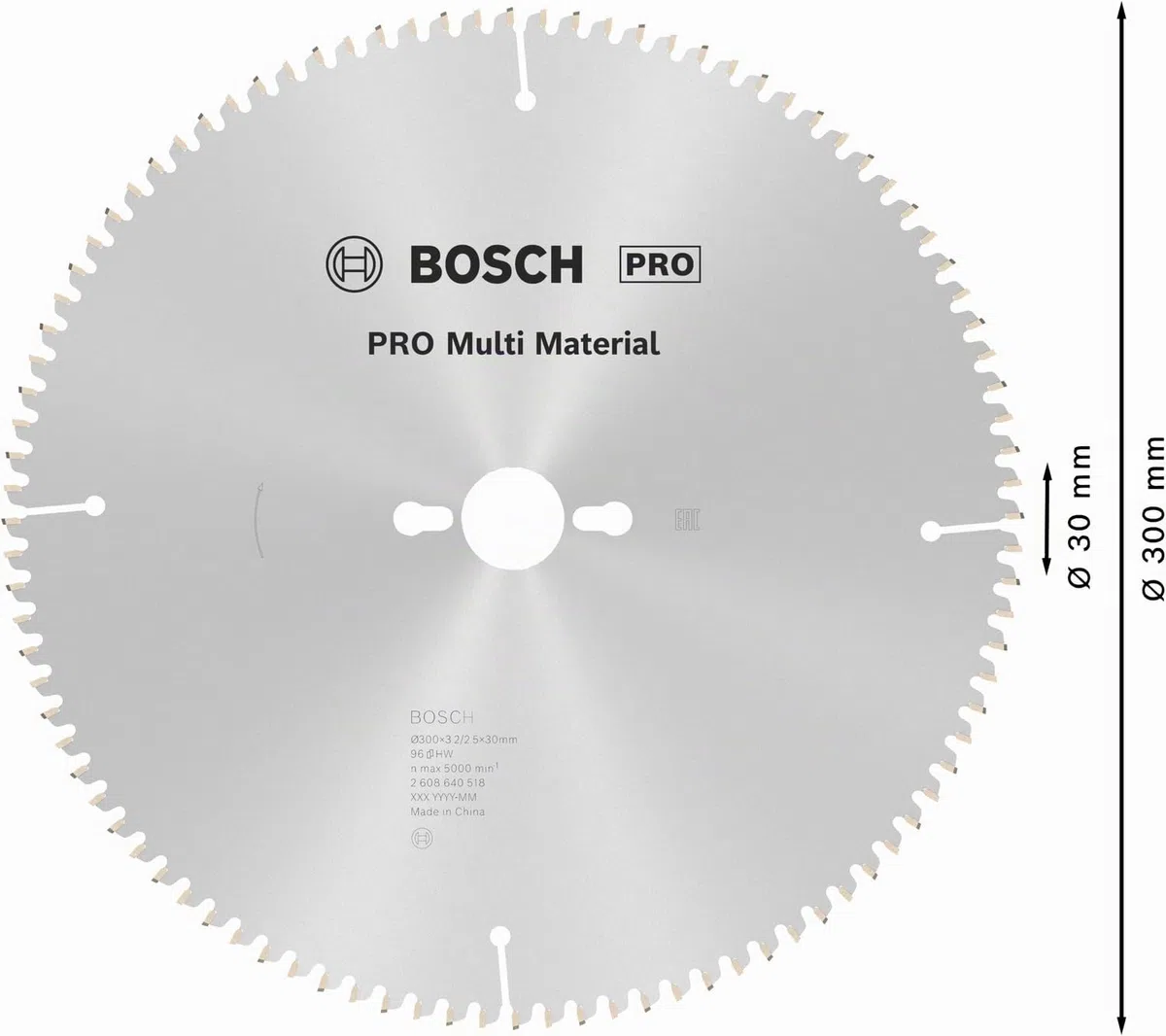 Bosch Professional 2 608 640 518 - Disco de sierra circular Multi Material, 96 de dientes, 300 x 30 x 3.2 mm, 1 unidad