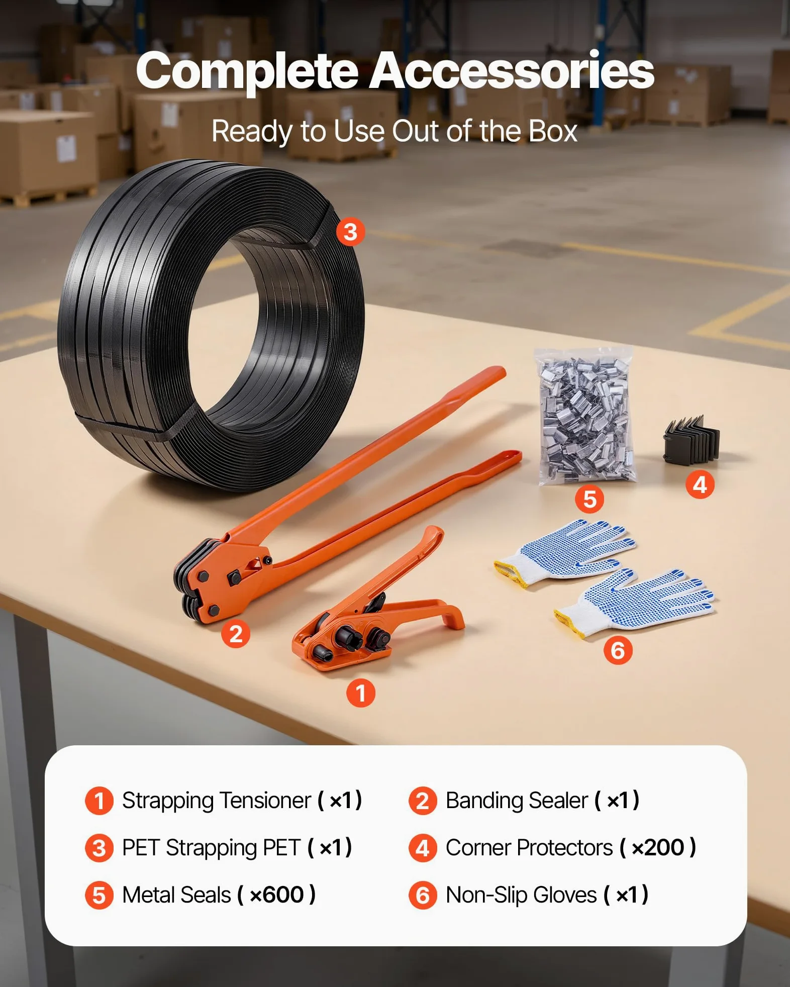 VEVOR Juego de Flejes Manuales Banda PET 15,9 mm x 610 m, Kit de Herramientas de Flejado con Tensor, Selladora, Guante, 600 Hebillas Metálicas, 200 Esquinas Protectoras, para Empaquetado Transporte
