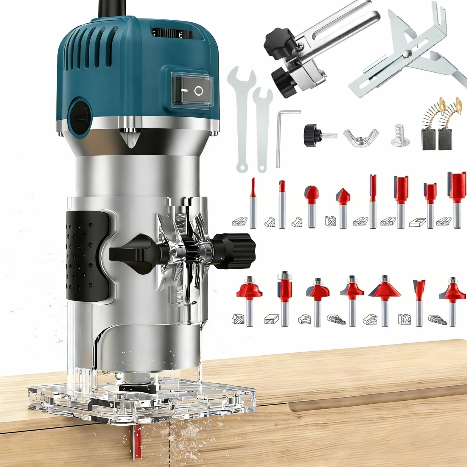 Fresadora de Madera Rebajadora Eléctrica 800W 30000RPM, 6 Velocidades Variables, con 15 Piezas de 1/4" Router Bits, para la Bricolaje Talla de Recorte