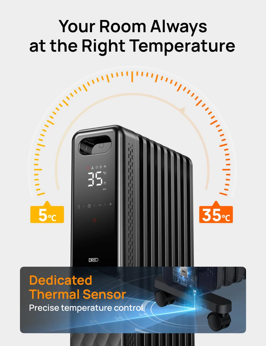Dreo Radiador de Aceite 2000W, Calentador de Aceite Eléctrico Portátil 9 Elementos Con Mando a Distancia, Temporizador 24h, 3 Ajustes de Calor, 4 Modos, protección contra sobrecalentamiento