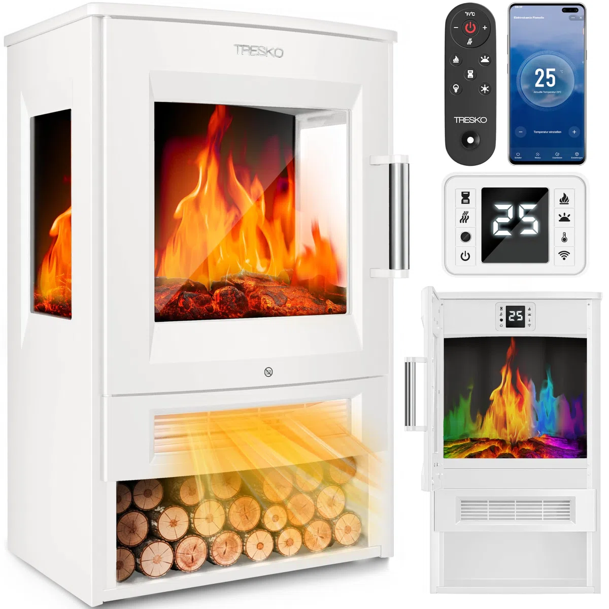 TRESKO Chimenea eléctrica 1800W Smart Home WiFi Mando Estufa Efecto Llama LED Pantalla LCD Termostato Calefacción ventilado Blanco