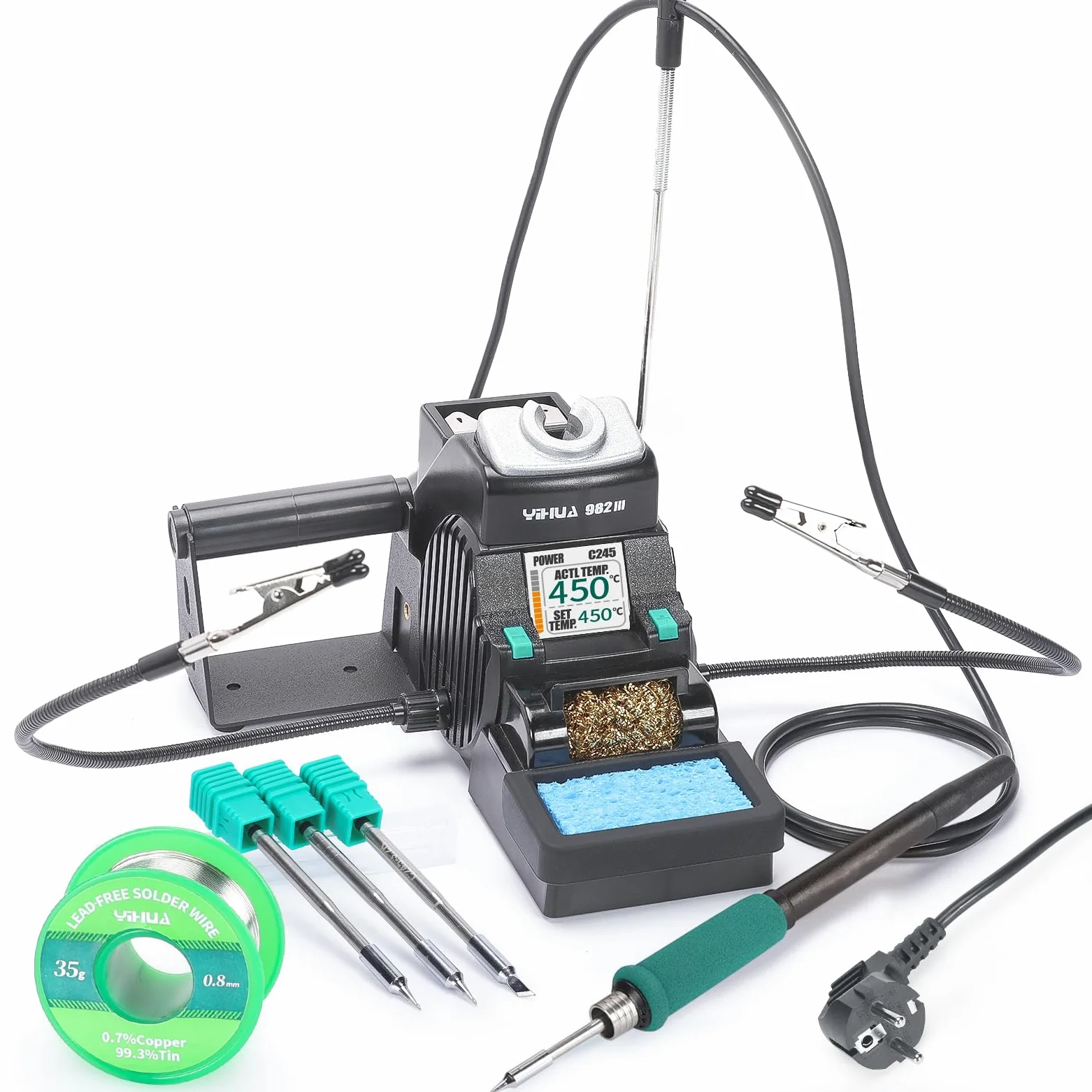 YIHUA 982-III Kit de estación de soldadura de precisión compatible C245 incluye 3 soldador estaño C245 alambre de soldadura sin plomo modo de reposo modo de espera automático pantalla a color completa