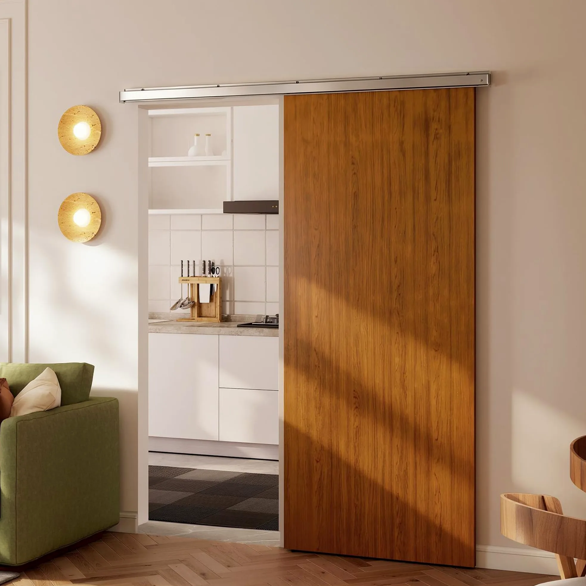 HOMCOM Puerta Corredera con Herrajes 90x210 cm, Puerta Corredera Interior con Rodillo, Riel de Aluminio, Guía de Suelo, para Baño, Salón, Sala de Estar, Marrón