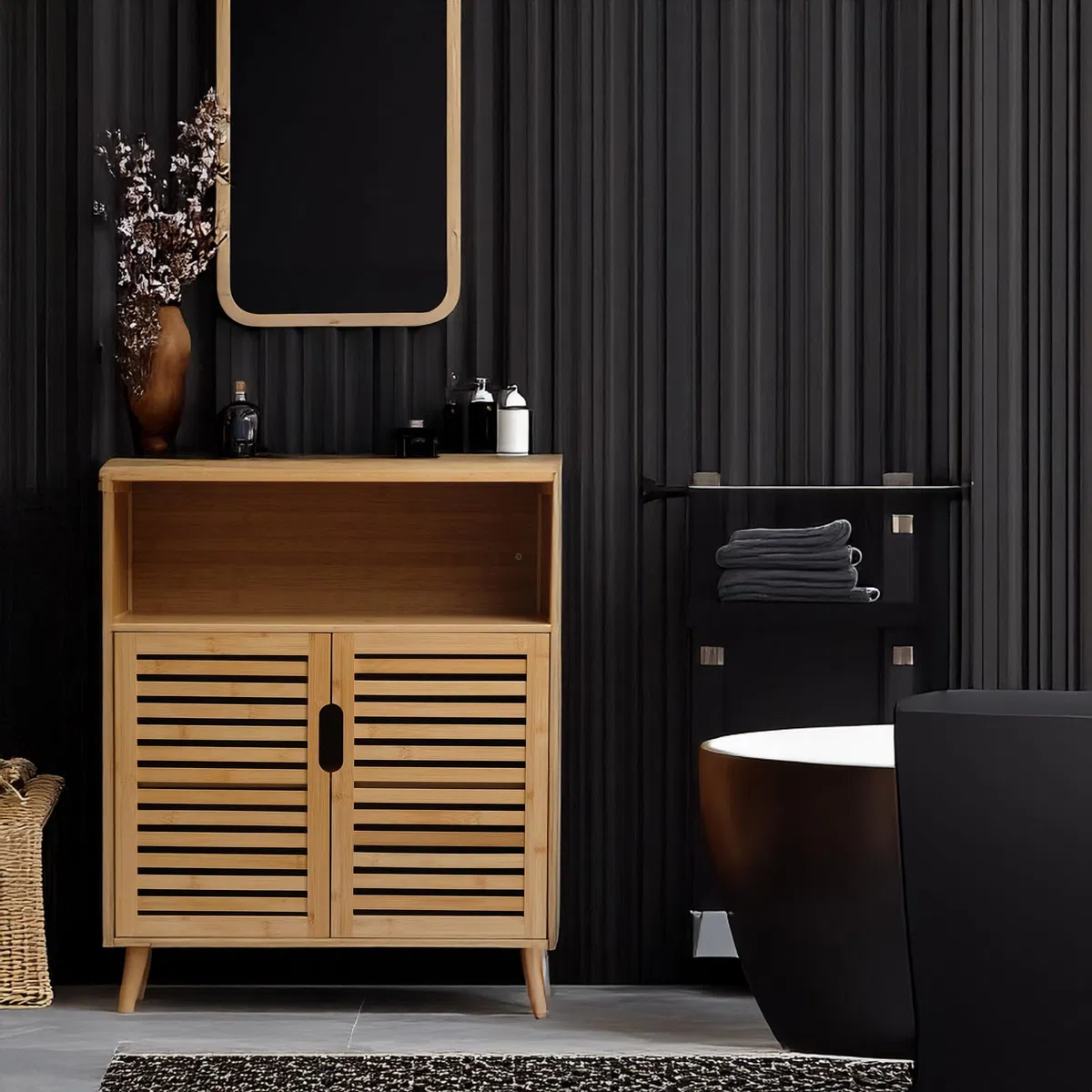 Armario de baño de bambú con 3 estantes, 81 x 65 x 31 cm, color natural