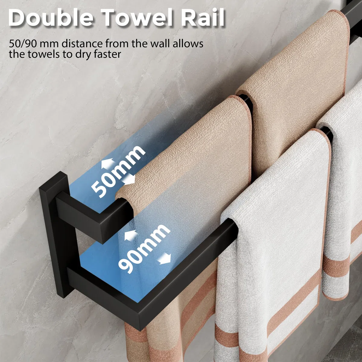 SAYAYO Toalleros de Baño Toallero Negro Doble Barra de Toalla Pared Accesorios Baño Negro Acero Inoxidable Colgador Trapos Cocina para Baño y Cocina 58CM, EGOY002-B