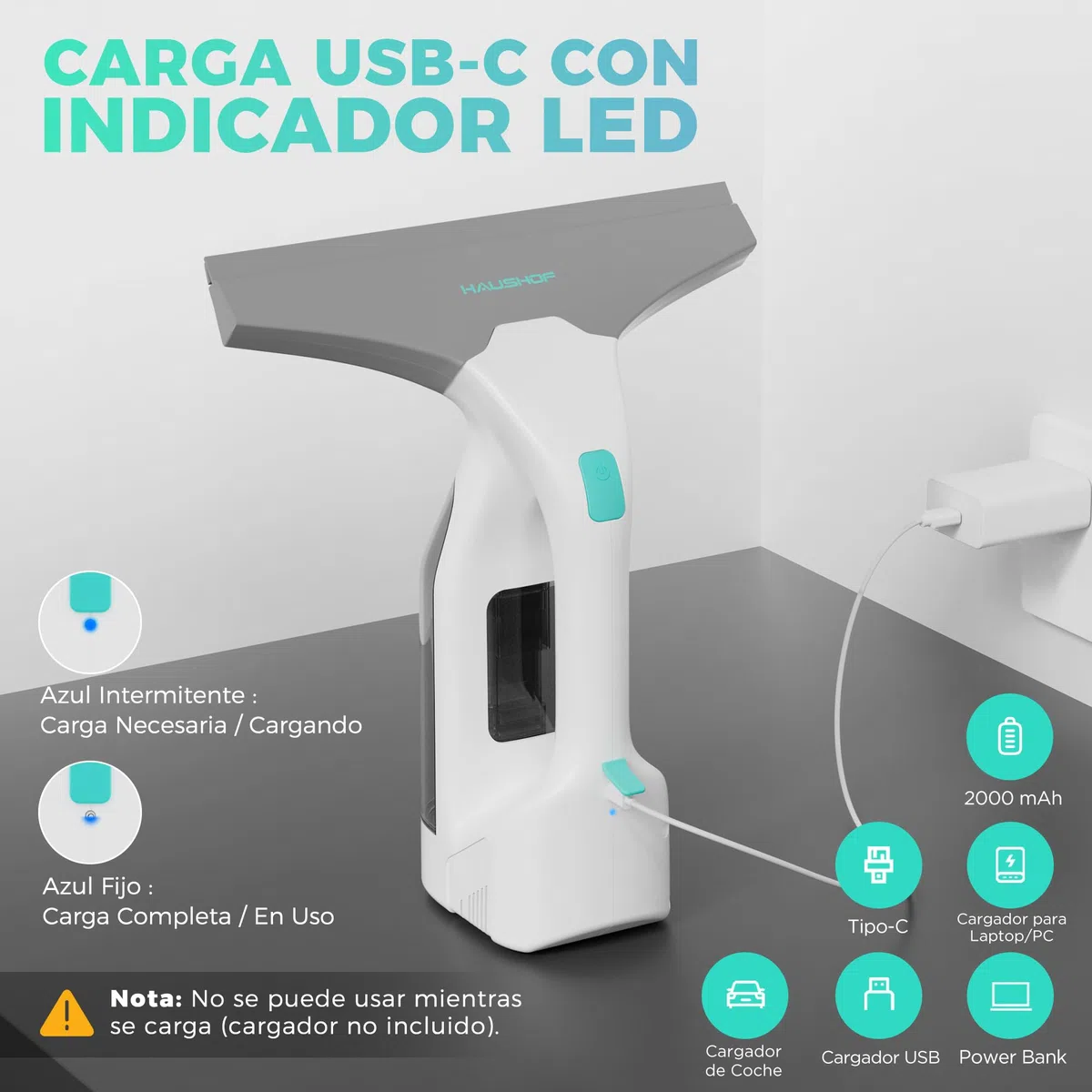 HAUSHOF Limpiadora de Cristales con Potente Succión, Aspirador de Ventanas Eléctrico 30 Min de Autonomía, 280 mm de Limpieza con Boquilla Ajustable, Enchufe USB-C, para Ventanas, Azulejos y Espejos