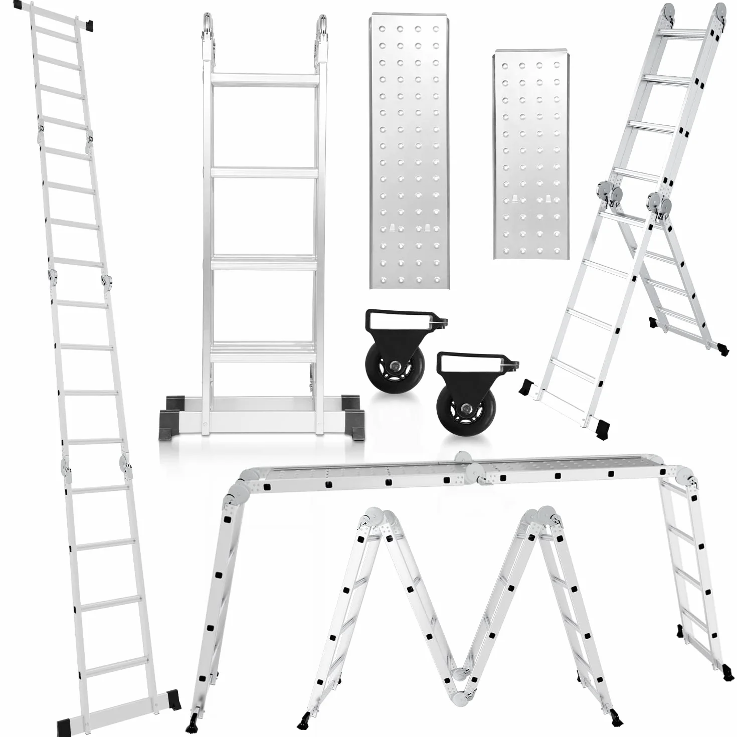 Escalera Multiusos de Aluminio de 4 x 4 peldaños, 470 cm, 7 en 1, con Plataforma, Escalera con 2 Placas de andamio, Escalera Multiusos Plegable, 16 peldaños, Color Plateado
