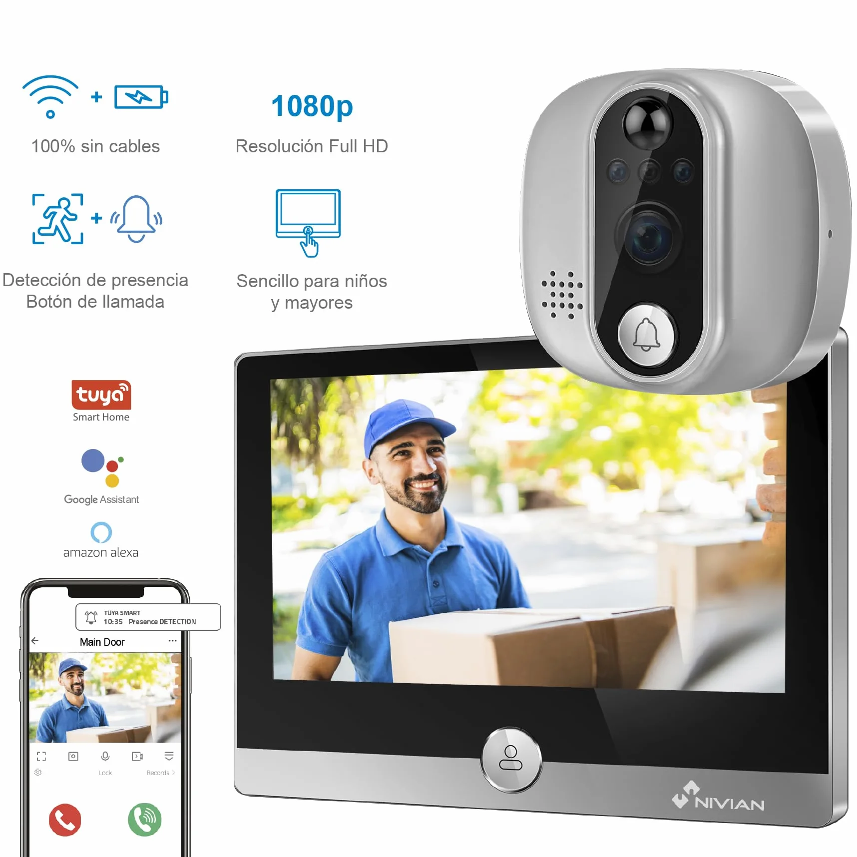 NIVIAN Mirilla Digital WiFi - Cámara vídeo Full HD con Batería y Timbre, Audio Bidireccional, Detección PIR y Visión Nocturna | App y Control por Smartphone