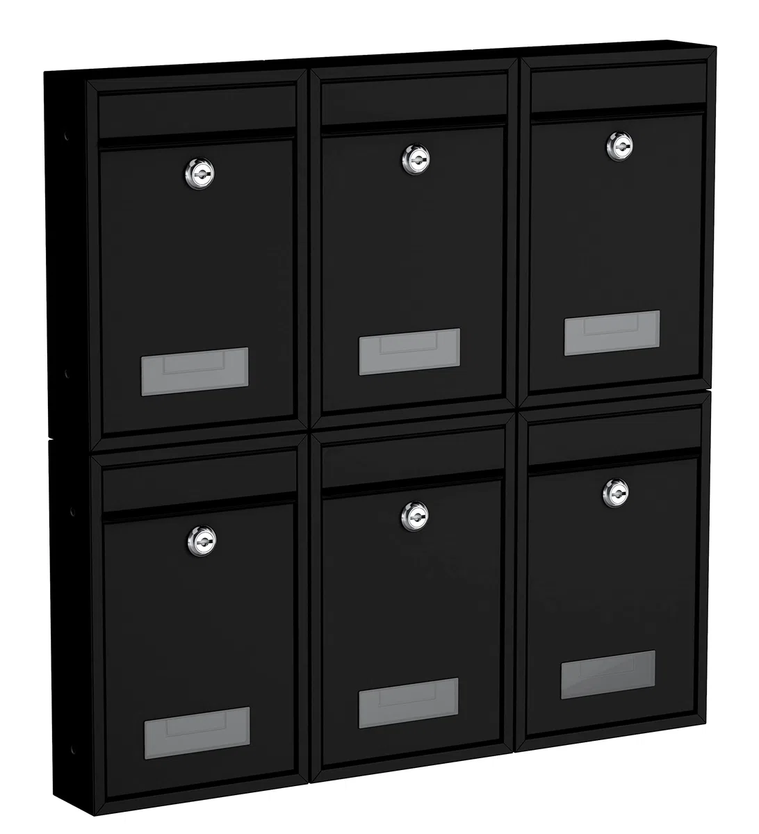 BASI Juego de 6 buzones de pared de acero, color negro mate, con placa para nombre, cerradura cilíndrica con 2 llaves cada una, incluye material de fijación, sistema de buzón, 6 unidades