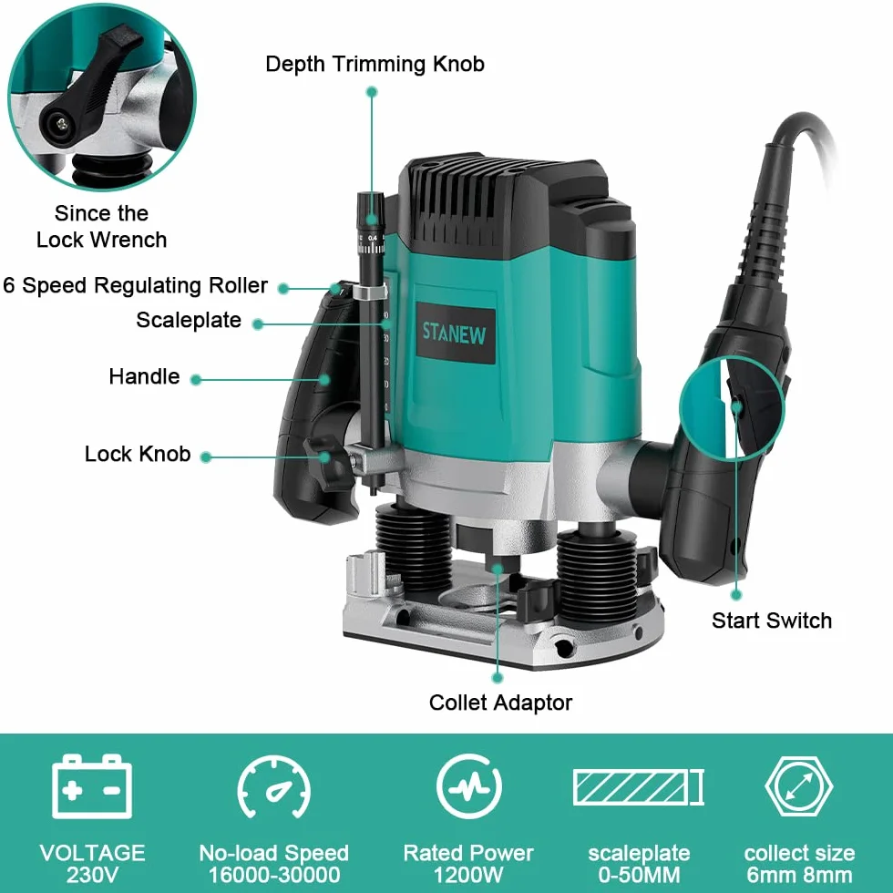 Stanew Fresadora ELECTRICA Para Madera1200 W 16000-30000 RPM,Profession Rebajadora Eléctrica con Juego de 12 fresas,6 Velocidades,Ajuste de la Profundidad de Fresado.