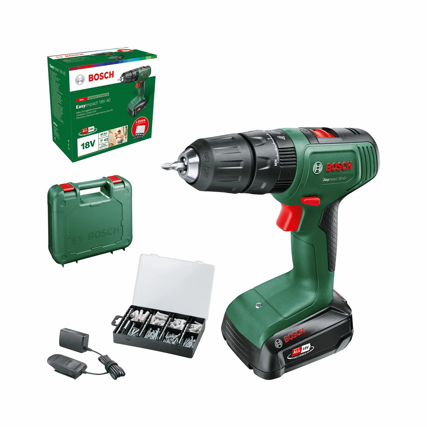 Bosch taladro percutor a batería EasyImpact 18V-40 (1 batería de 2,0 Ah, sistema de 18 V, set de fijación de 173 piezas, en maletín de transporte) – Amazon Edición