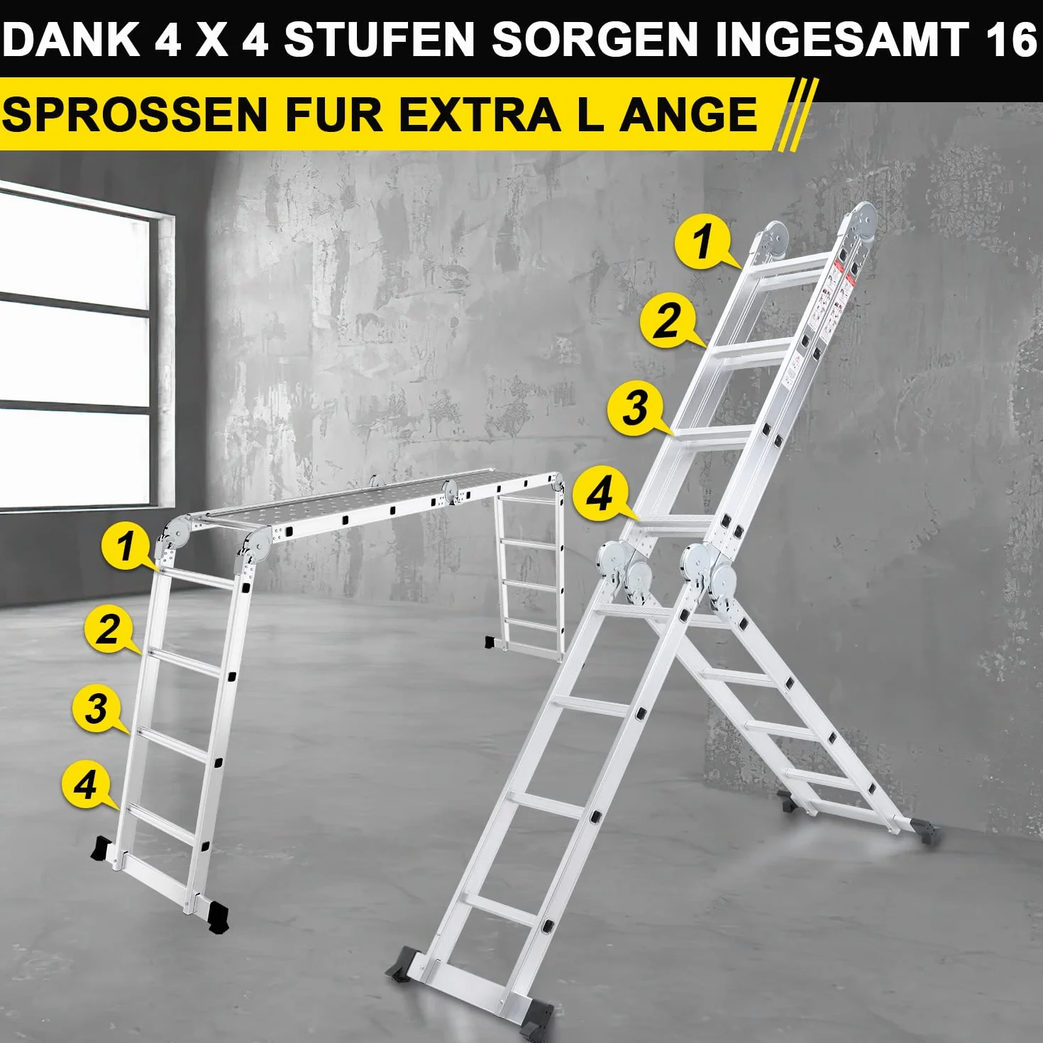 Escalera Multiusos de Aluminio de 4 x 4 peldaños, 470 cm, 7 en 1, con Plataforma, Escalera con 2 Placas de andamio, Escalera Multiusos Plegable, 16 peldaños, Color Plateado