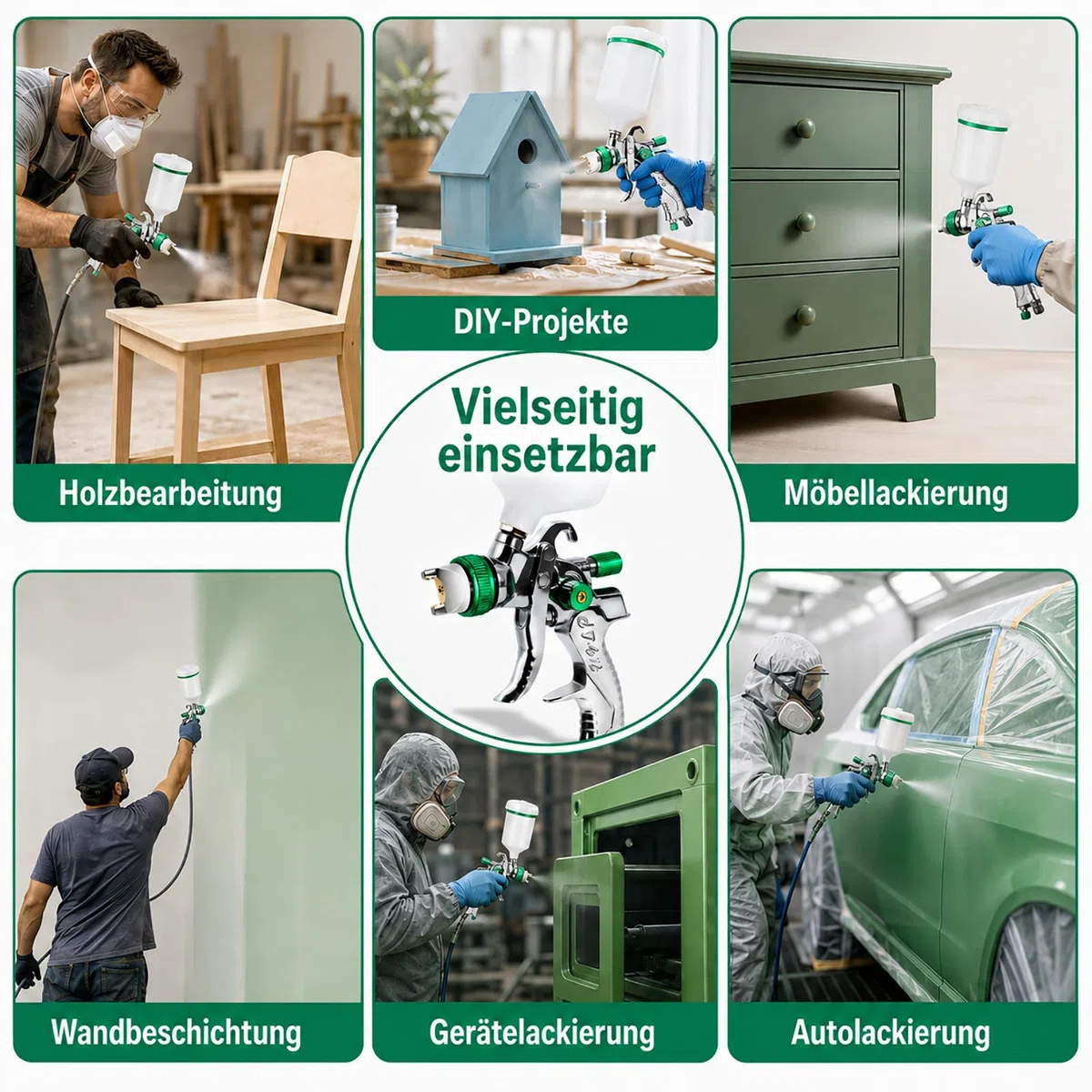Pistola Pintura HVLP con Compresor, 4 Boquillas (1.4/1.7/2.0/2.5 mm), Pistola Pulverizadora Profesional por Gravedad con Vaso de 600 ml - para Coche, Madera, Paredes - Verde