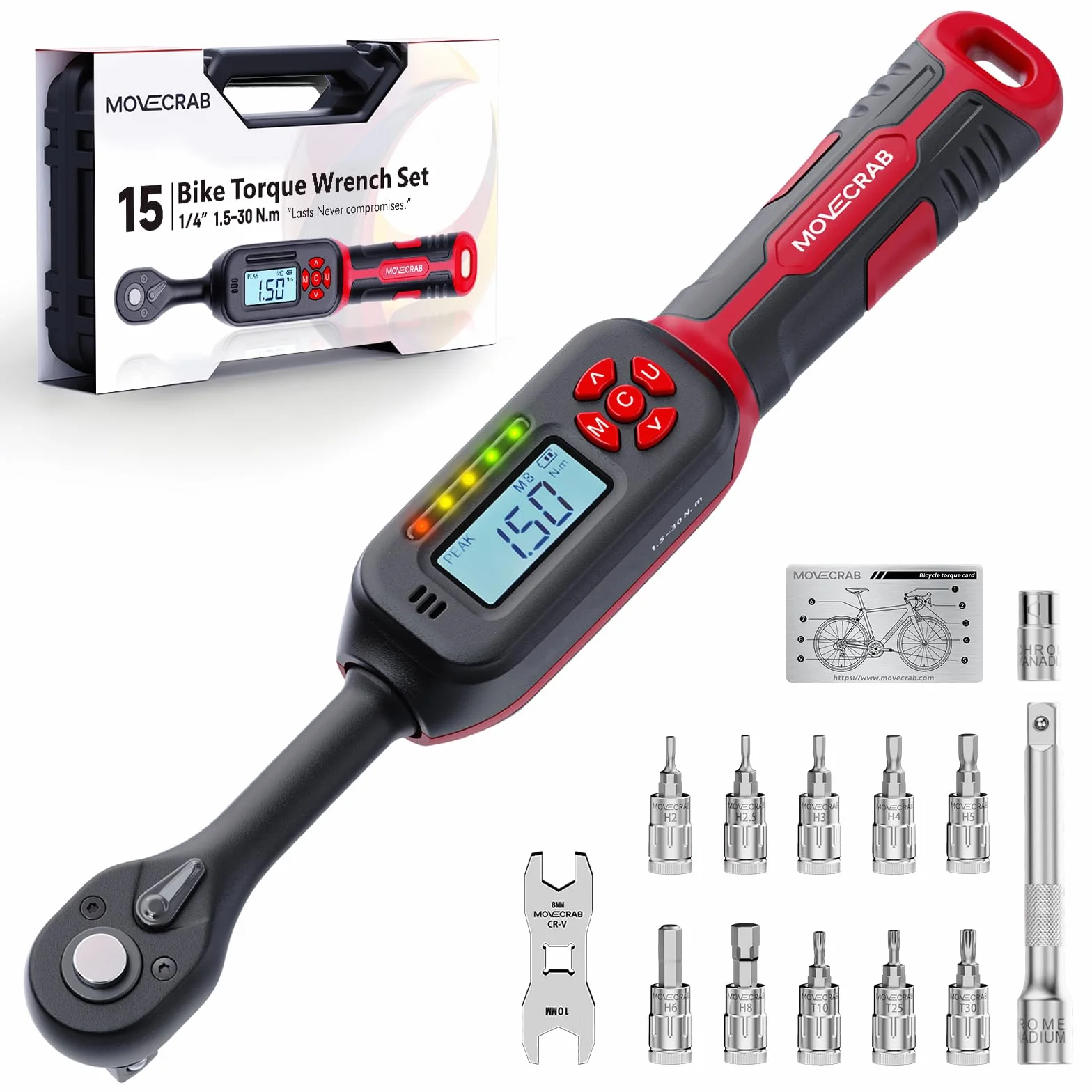 Llave Dinamométrica Digital 1/4", Juego de Llaves para Bicicleta 1.5-30 Nm, Acero S2, Precisión ±2%, Incluye Llaves de Freno 8/10mm, Extensión y Vasos para MTB/Carretera