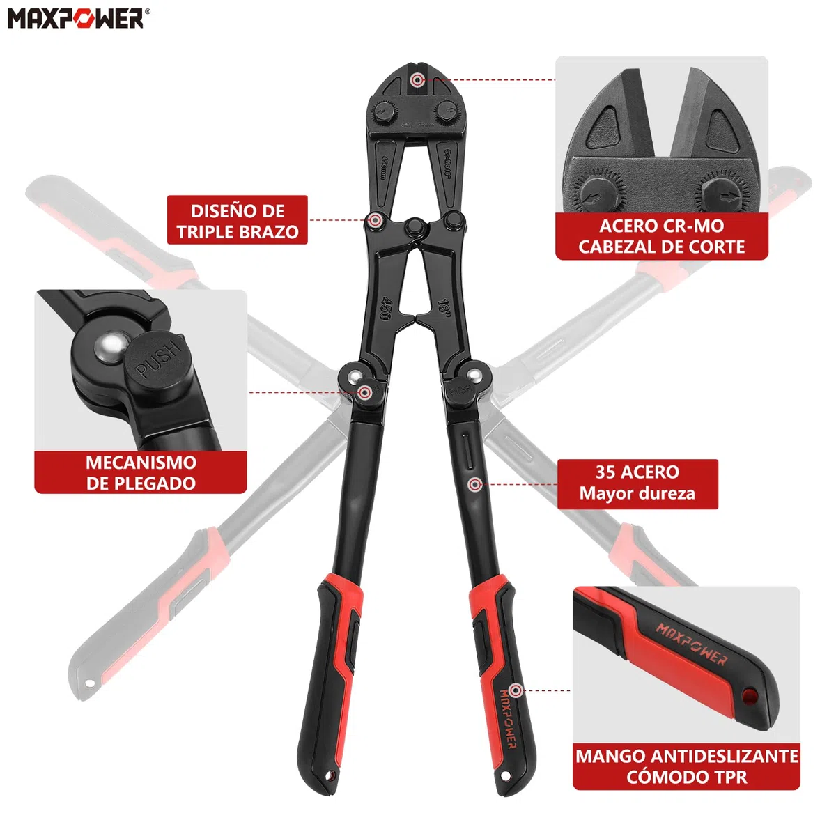 MAXPOWER Cortador de Pernos 450mm/18" Capacidad Máxima de Apertura: 18mm Cortapernos Fuerte y Resistente