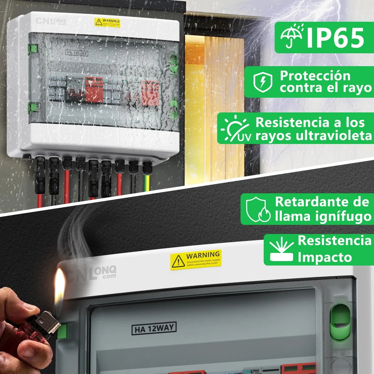 IP65 Caja Combinadora PV 2 Circuitos 2 Entradas 2 Salidas DC500V 32A Interruptor Disyuntor con Protector de Sobretensión y fusible de 15A Para Paneles Solares al Aire Libre