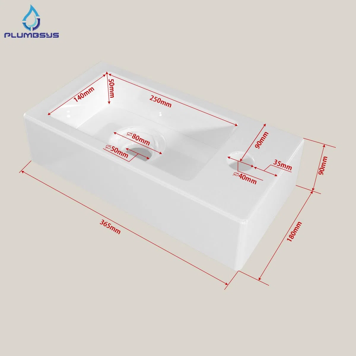Lavabo Pequeño de Cerámica para Sobrepone o Suspender 36.5x18cm - Plato con Orificio para Grifo a la Derecha - Lavamanos Compacto para Baño, Aseo o Barco