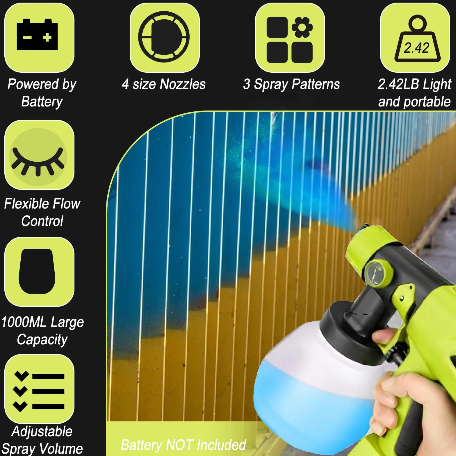 Sistema de pulverización recargable compatible con batería Ryobi de 18 V, pistola de pulverización de pintura eléctrica, pistola de pintura portátil con 4 boquillas, 3 patrones, contenedor de pintura