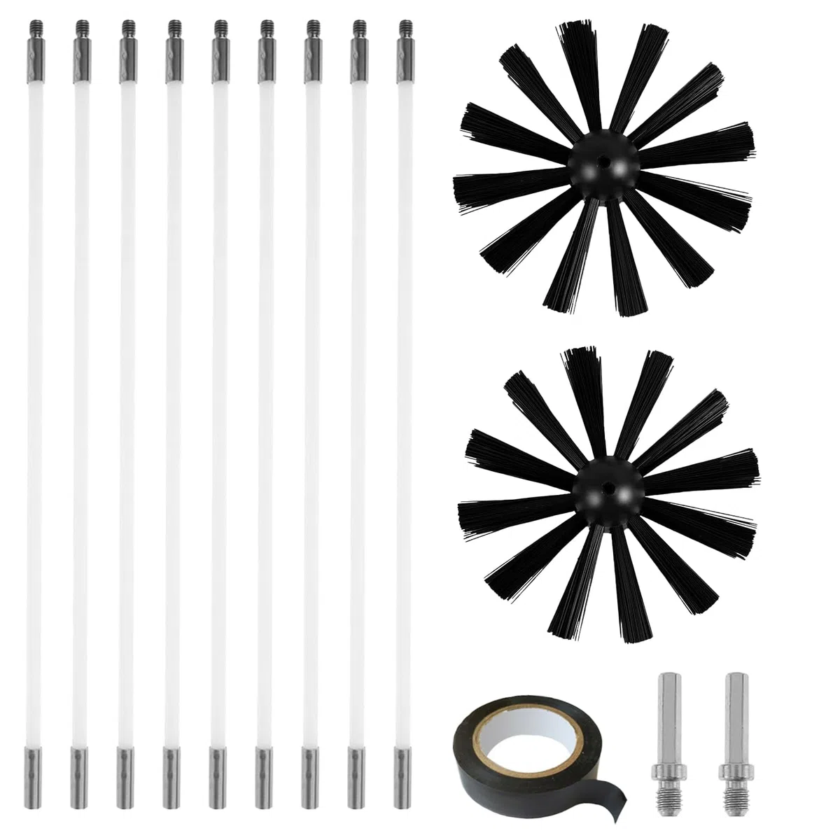 Cepillo Deshollinador de Chimenea con 9 Varillas, 2 Cabezales, Diámetro 150 mm, 1 Cinta Adhesiva - Kit de Limpieza para Chimeneas