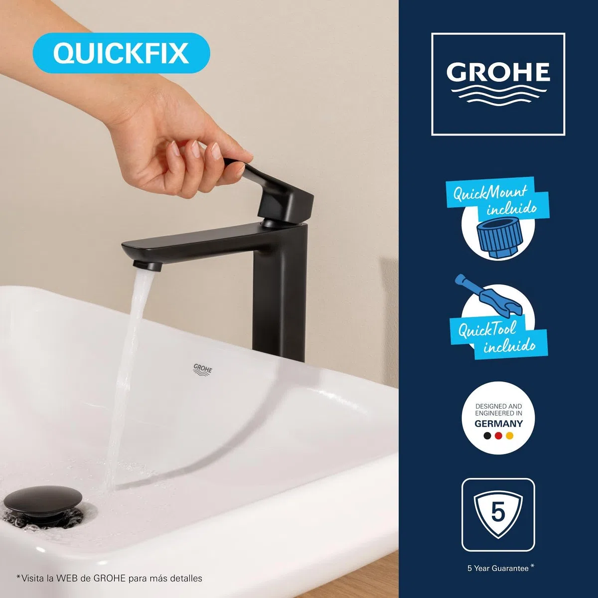 GROHE Dice Grifo de Lavabo XL Cuerpo Liso para Lavabos Exentos (Cartucho Cerámico 28 mm, Ahorro de Agua, Conexiones 3/8", Fácil de Instalar QuickTool Incluido), Negro Mate, 1018922430