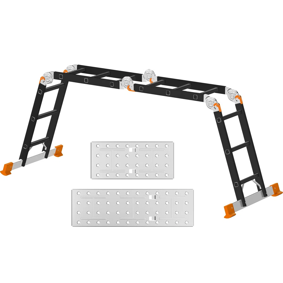 AMHANCIBLE Escalera Multiusos, Escalera Aluminio, 4 x 3 Peldaños, Plegable, para Pintar, Techos, Jardín, hasta 150 kg, 3,4m, Diseño 6 en, Certificado TÜV/GS, Naranja EBAL01RN