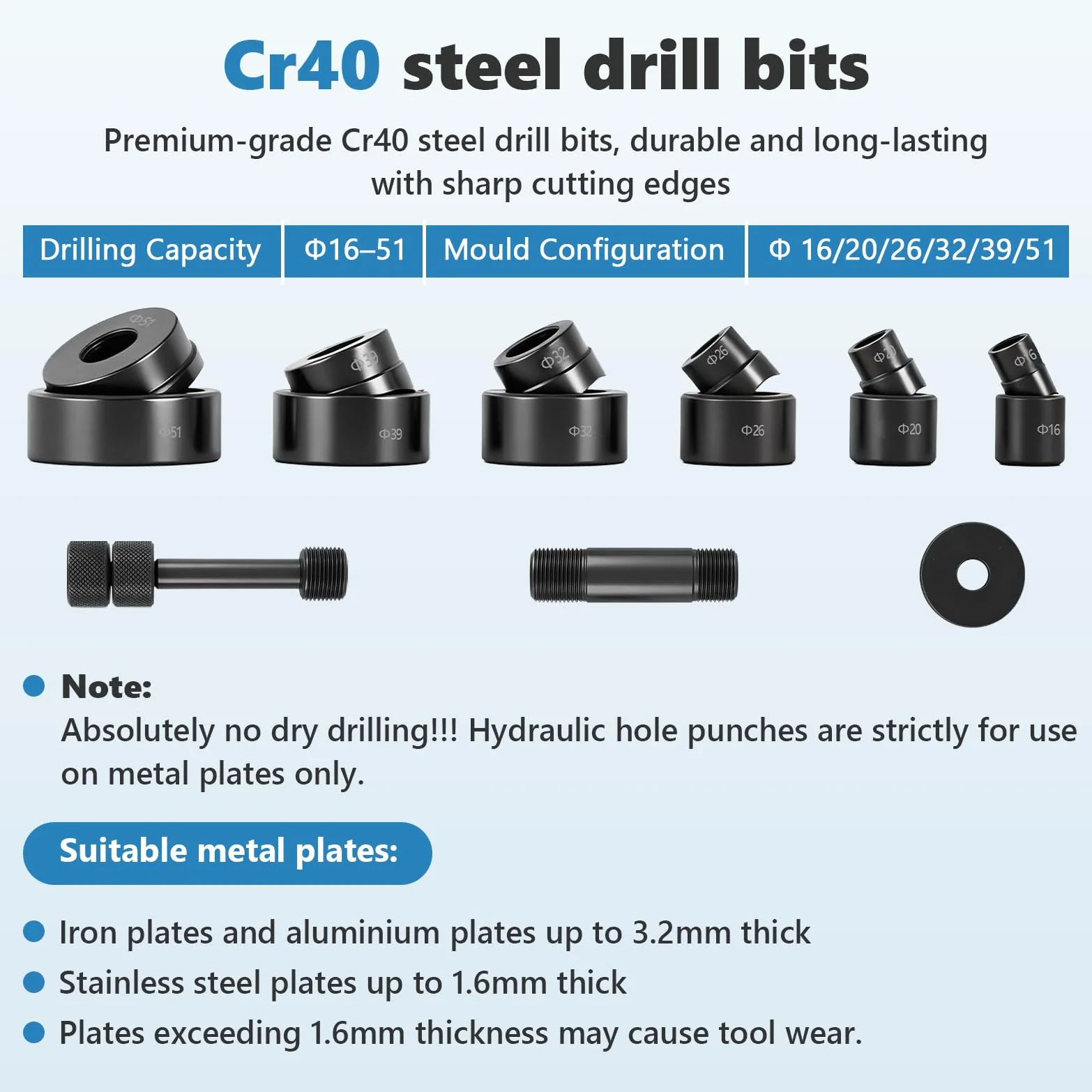 MXBAOHENG 9 T Perforadora hidráulica de metal con 6 troqueles de 16/20/26/32/39/51 mm perforadora hidráulica para acero inoxidable ≤ 1,6 mm; chapa de hierro ≤ 3,2 mm