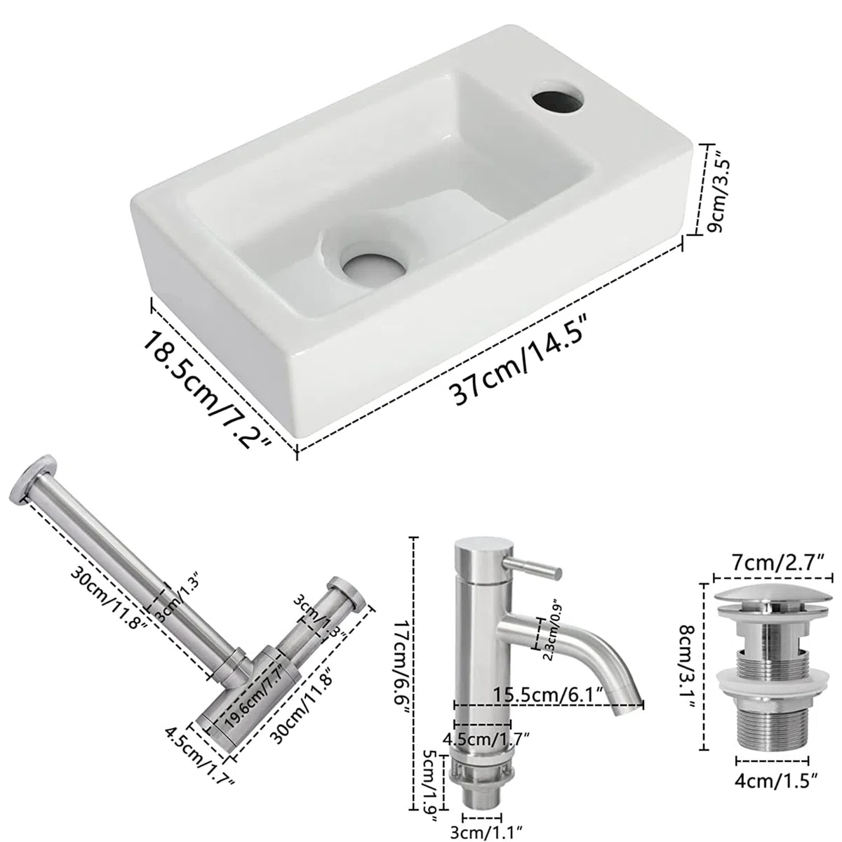 OUUTMEE Lavabo de pared, para diestros, 370 x 185 x 90 mm, lavabo pequeño sobre encimera, lavabo de pared o sobre encimera, inodoro de invitados, blanco, juego