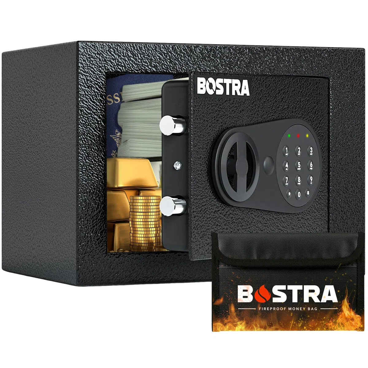 Bostra Caja fuerte ignífuga con luz de sensor y bolsa ignífuga, caja de seguridad para dinero con teclado digital, caja fuerte de seguridad para el hogar, caja fuerte pequeña de 0.23 cúbicos con