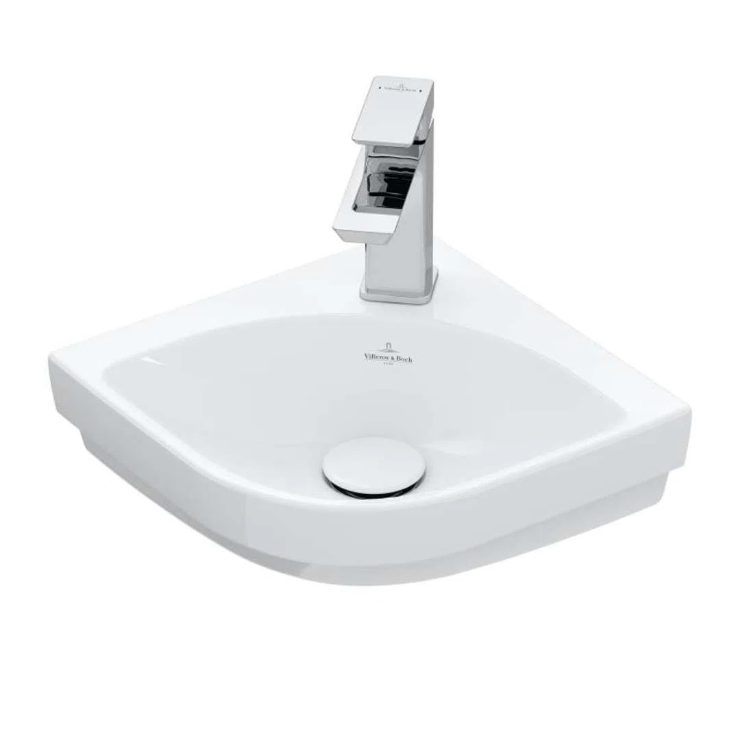 Villeroy & Boch Subway 3.0 lavabo esquinero con enjuague manual, 320 x 320 mm, 1 agujero para grifo, sin rebosadero, sin suelo, 437146, Color: Cerámica Blanca