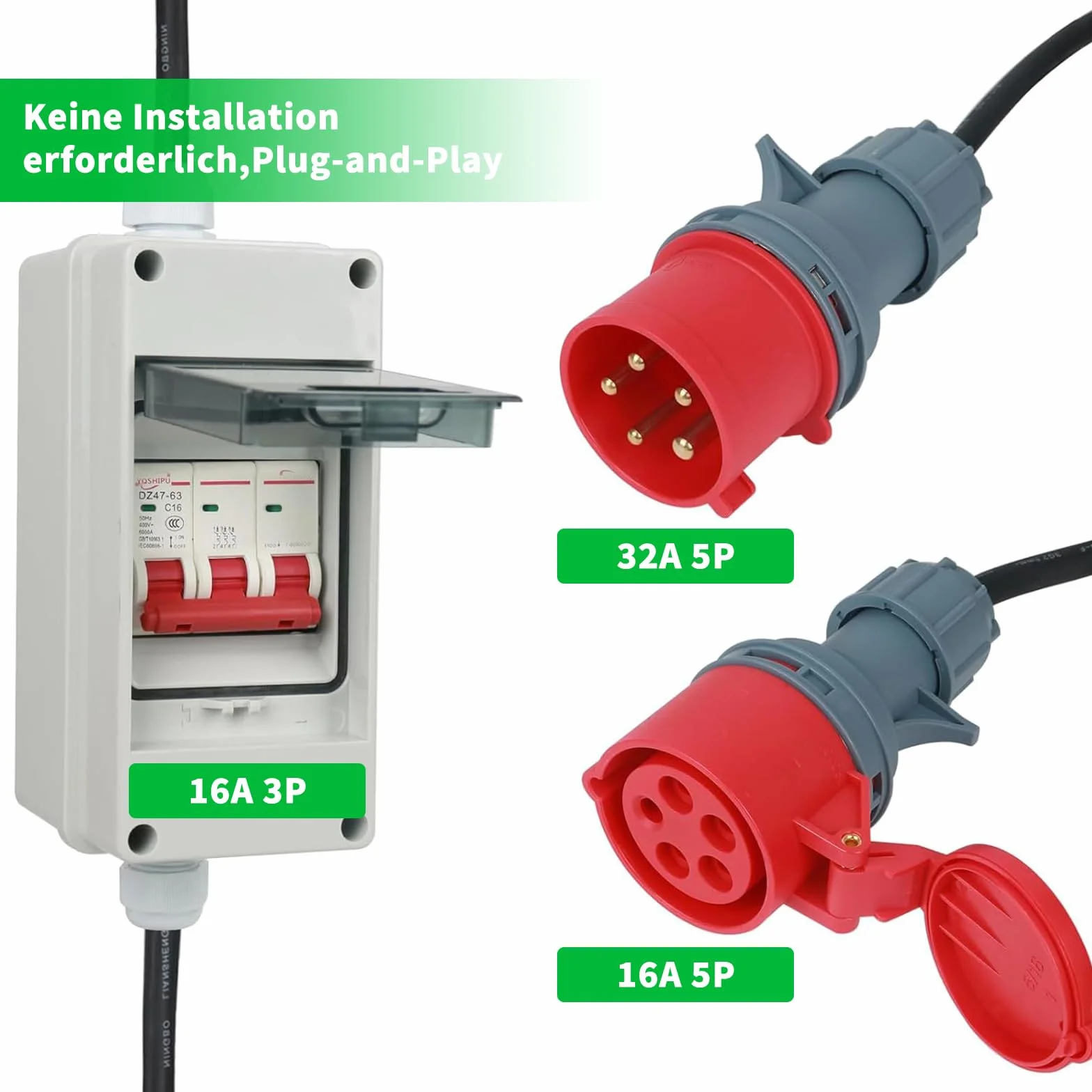 Adaptador de Enchufe de 32 A a Conector de 16 A, Cable alargador de 1 Metro, Cable de conexión con Enchufe, Distribuidor de Corriente Fuerte, Utilizado para conectar aparatos eléctricos