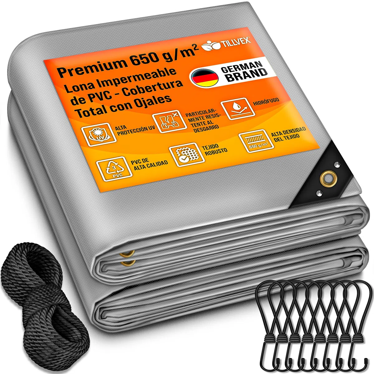 tillvex® Lona con Ojales + 10 Ganchos y Cuerda de 15 m, Lona de 650 g/m² Exterior, Impermeable y al desgarro, Lona de PVC Universal para Camiones, Piscinas, Muebles de jardín, Cubierta Madera,
