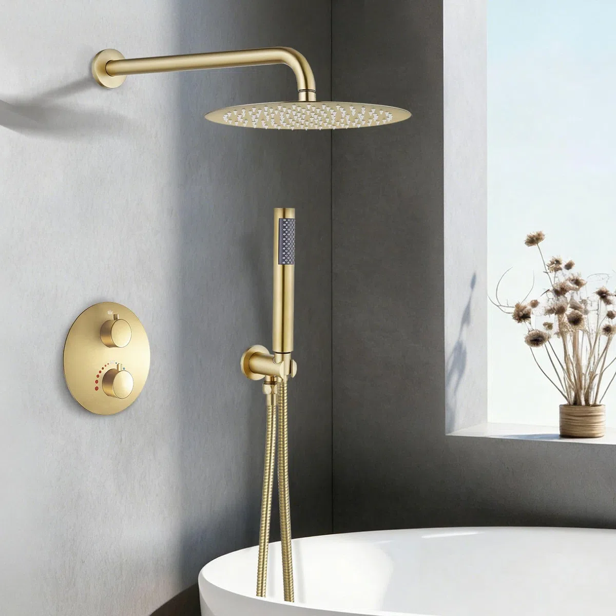 SaniteModar Ducha Empotrada con Termostato | Grifo Ducha Empotrado con Ducha de Lluvia 25cm y Rociador de Mano | Oro Cepillado