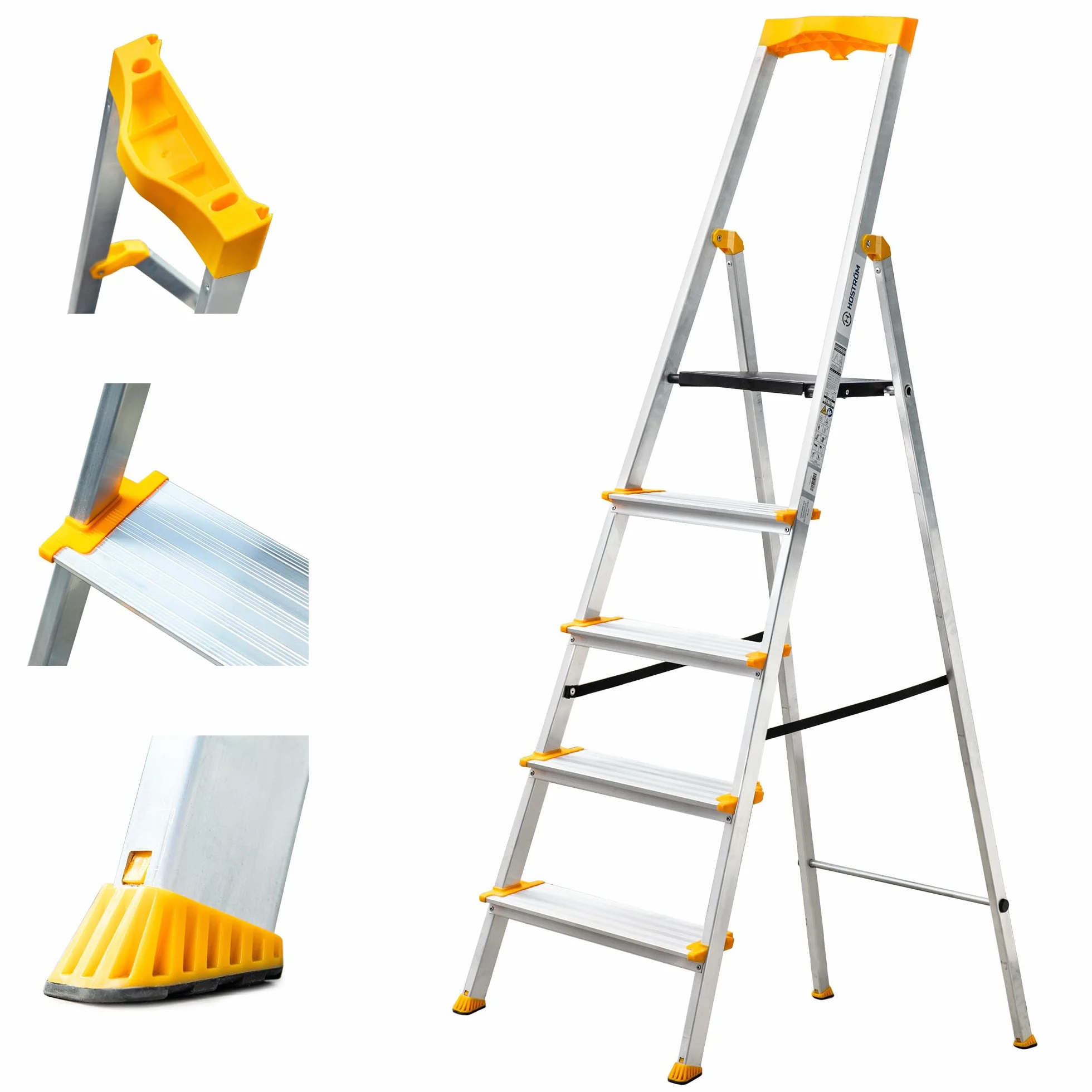 HOSTRÖM Escalera 5 peldaños de Aluminio, Taburete Plegable con Bandeja portaherramientas, peldaños 12 cm, Uso doméstico y Profesional, garantía 5 años.
