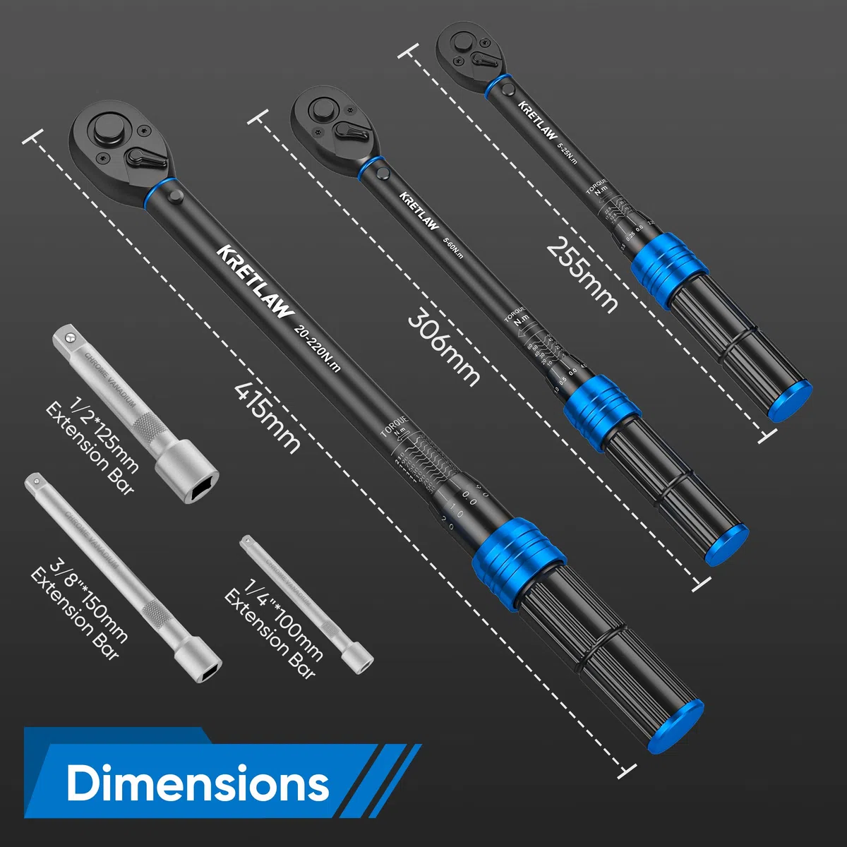 KRETLAW Juego de llaves dinamométricas de 1/2", 3/8" y 1/4", 6 piezas, 20-220 Nm, 5-60 Nm, llave dinamométrica de 5-25 Nm, con ±3% de cabeza de carraca de 72 dientes, 3 extensiones para bicicleta